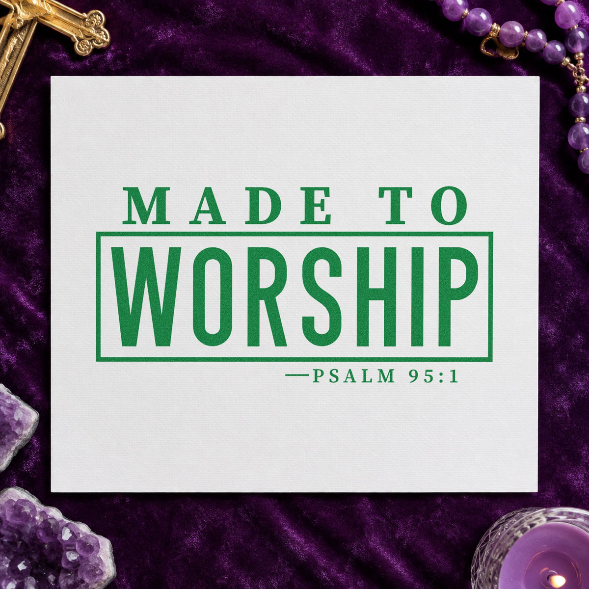 Made to Worship craft stamp imprint in green ink on a handmade project, one idea being choir robe tags.