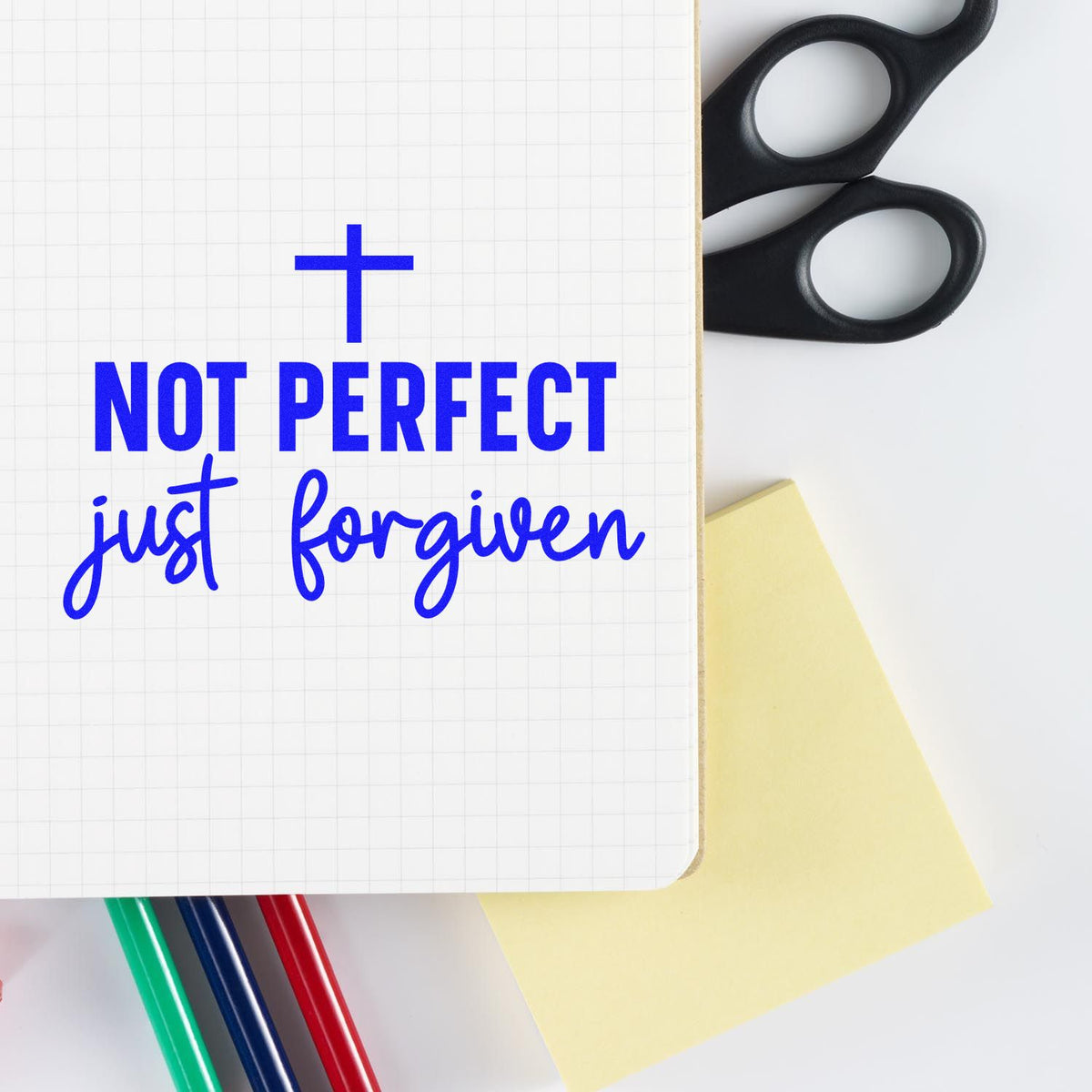 Christian rubber stamp design reading Not Perfect, Just Forgiven for faith-based journaling, crafts, and scrapbooking.