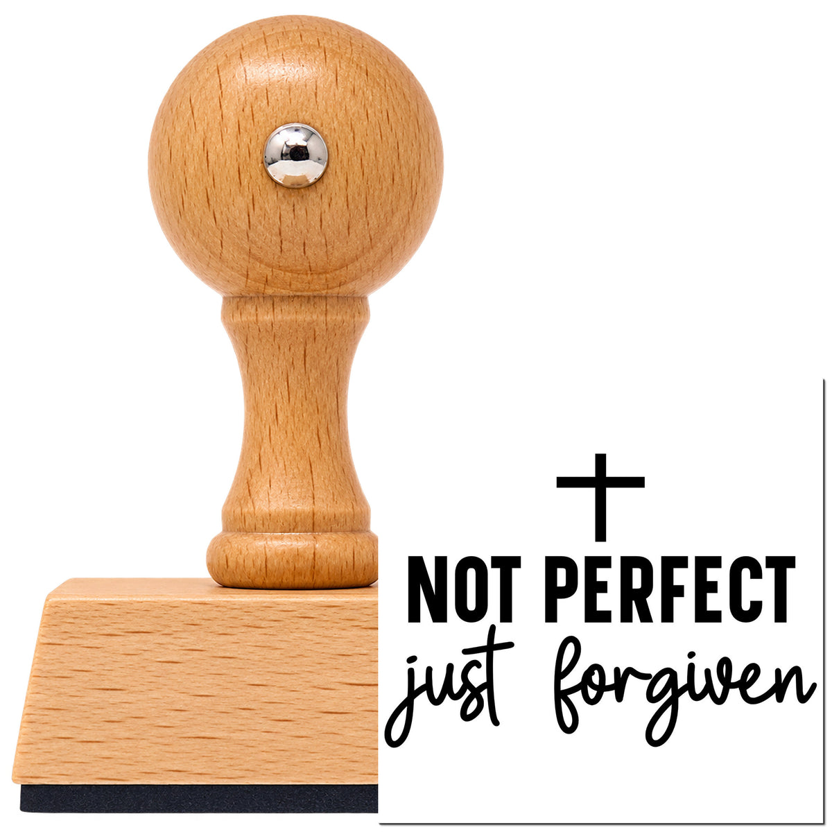 Not Perfect, Just Forgiven With Cross Vintage Pro rubber stamp in European beech wood with a round knob handle, shown beside its black imprint.