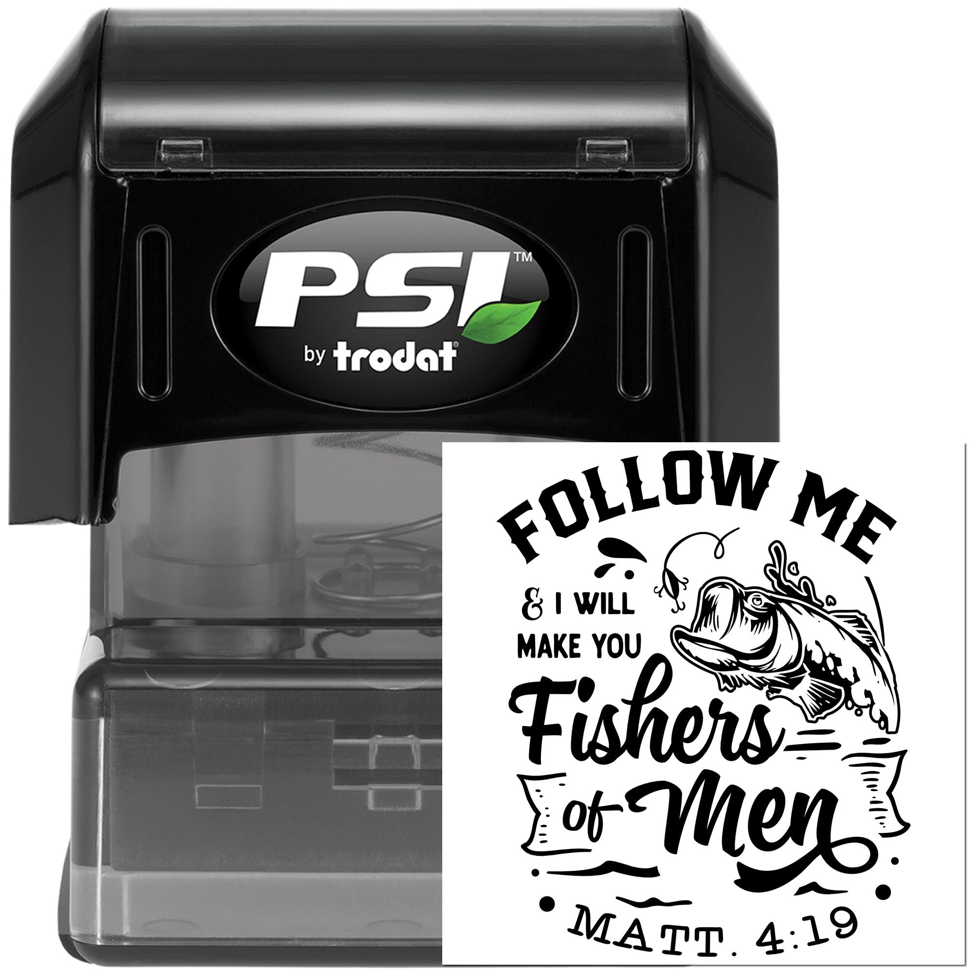 Custom self-inking rubber stamp for churches featuring Follow Me & I Will Make You Fishers of Men Matthew 4:19 design