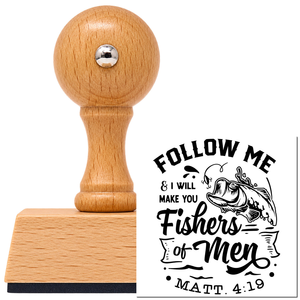 Follow Me & I Will Make You Fishers Of Men Leaping Fish Vintage Pro rubber stamp in European beech wood with a round knob handle, shown beside its black imprint.