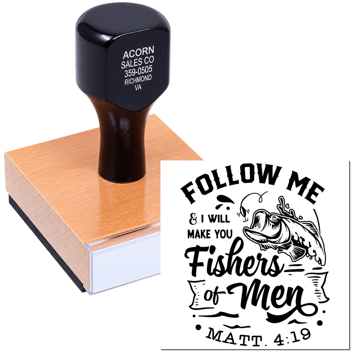 Custom Christian rubber stamp with Matthew 4:19 Follow Me fishers of men Bible verse design for faith-based crafts.