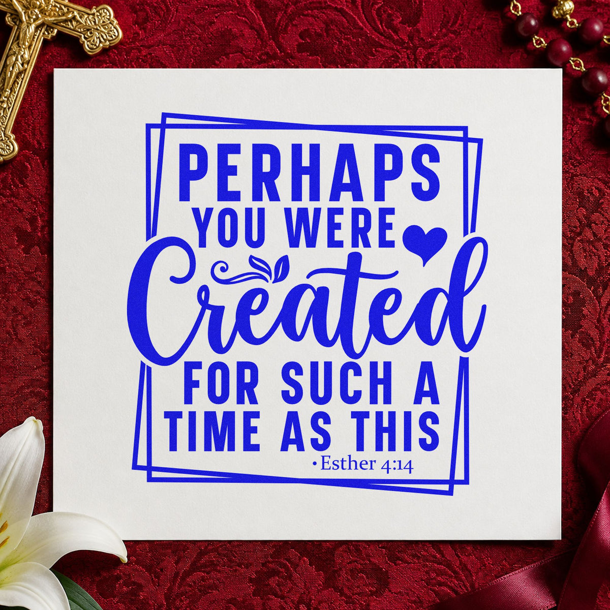 Created for Such a Time craft stamp in blue ink on cardstock, an easy option for canvas totes.