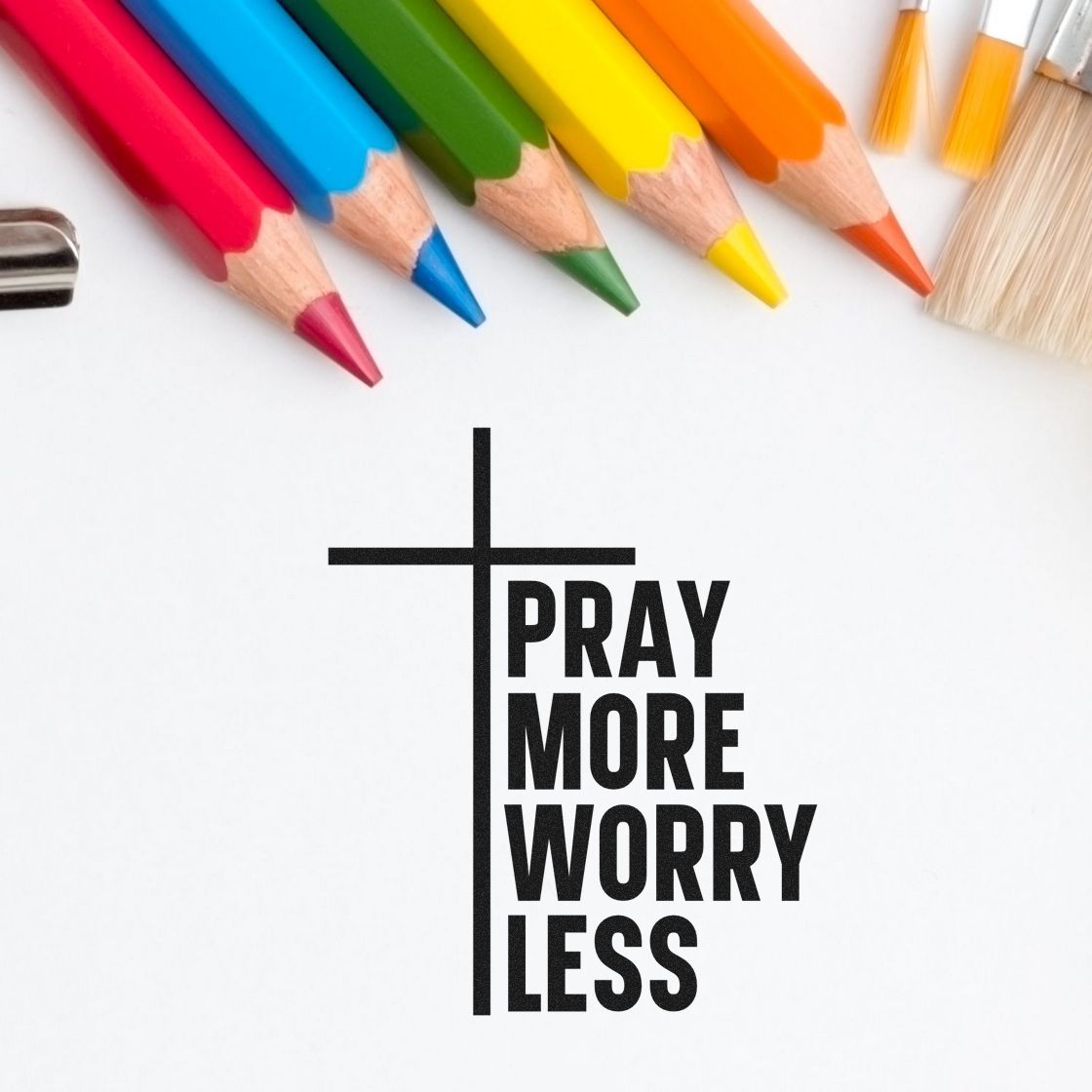 Faith-based rubber stamp design with cross and Pray More Worry Less message, styled for Christian crafting and DIY projects.