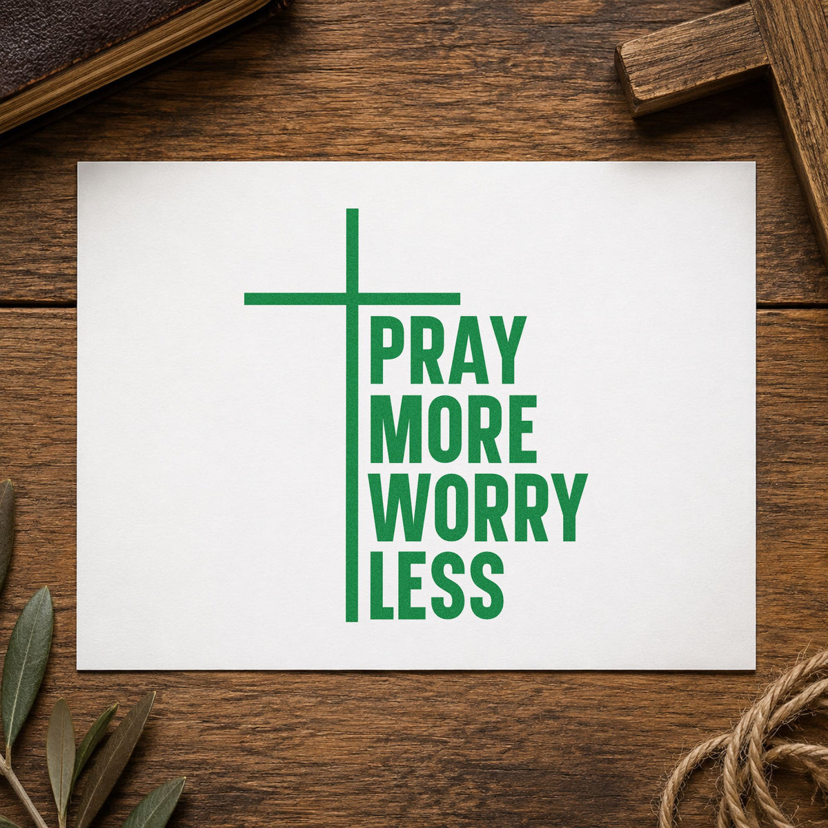 Pray More, Worry Less Cross Accent Wood Handle Stamp in use 8