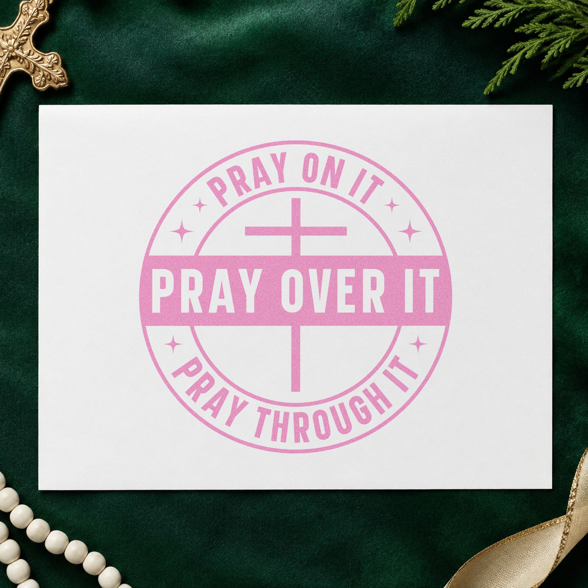 Pray on It Badge craft stamp in purple ink on cardstock, an easy option for prayer room signs.