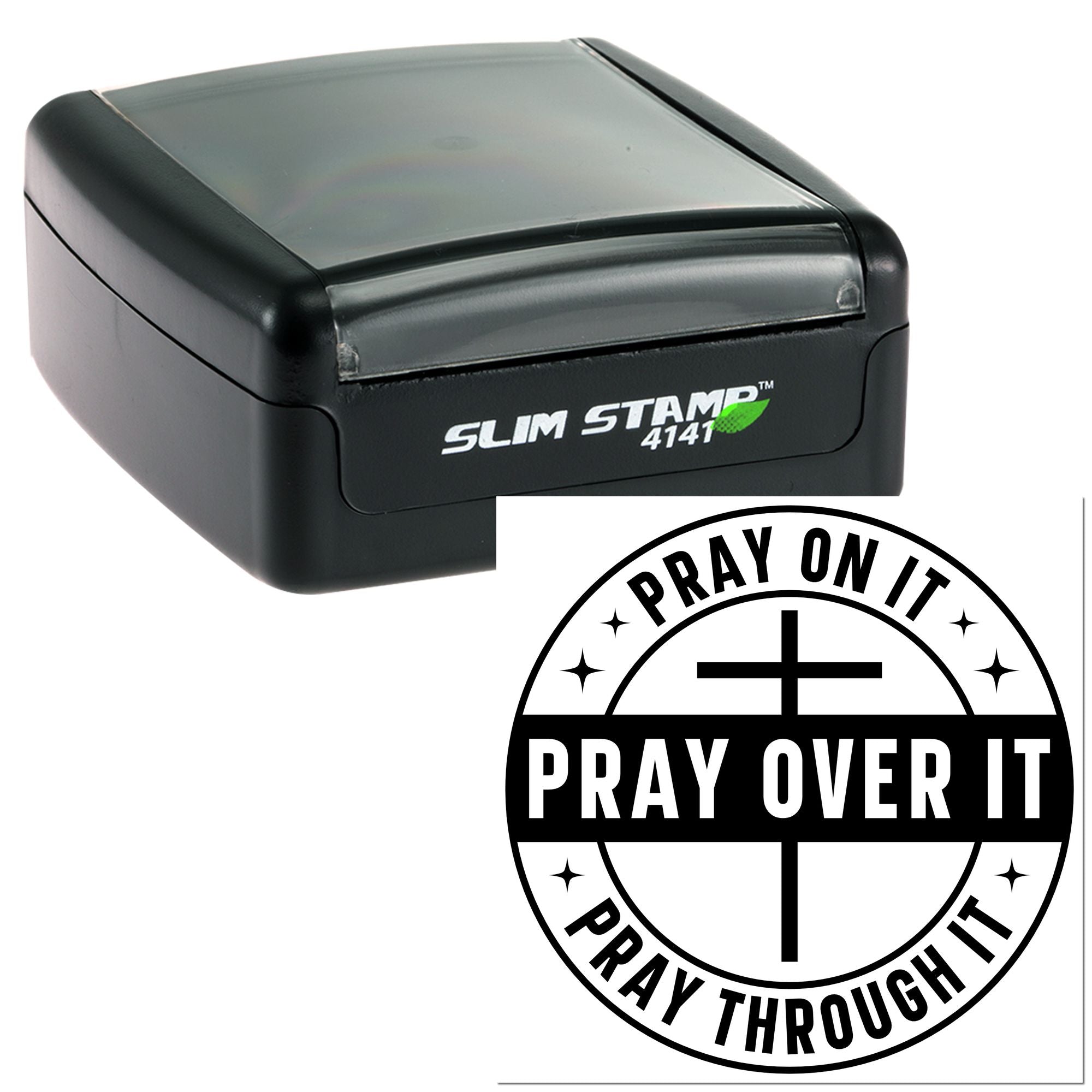 Self-inking rubber stamp with cross and Pray On It, Pray Over It, Pray Through It faith message