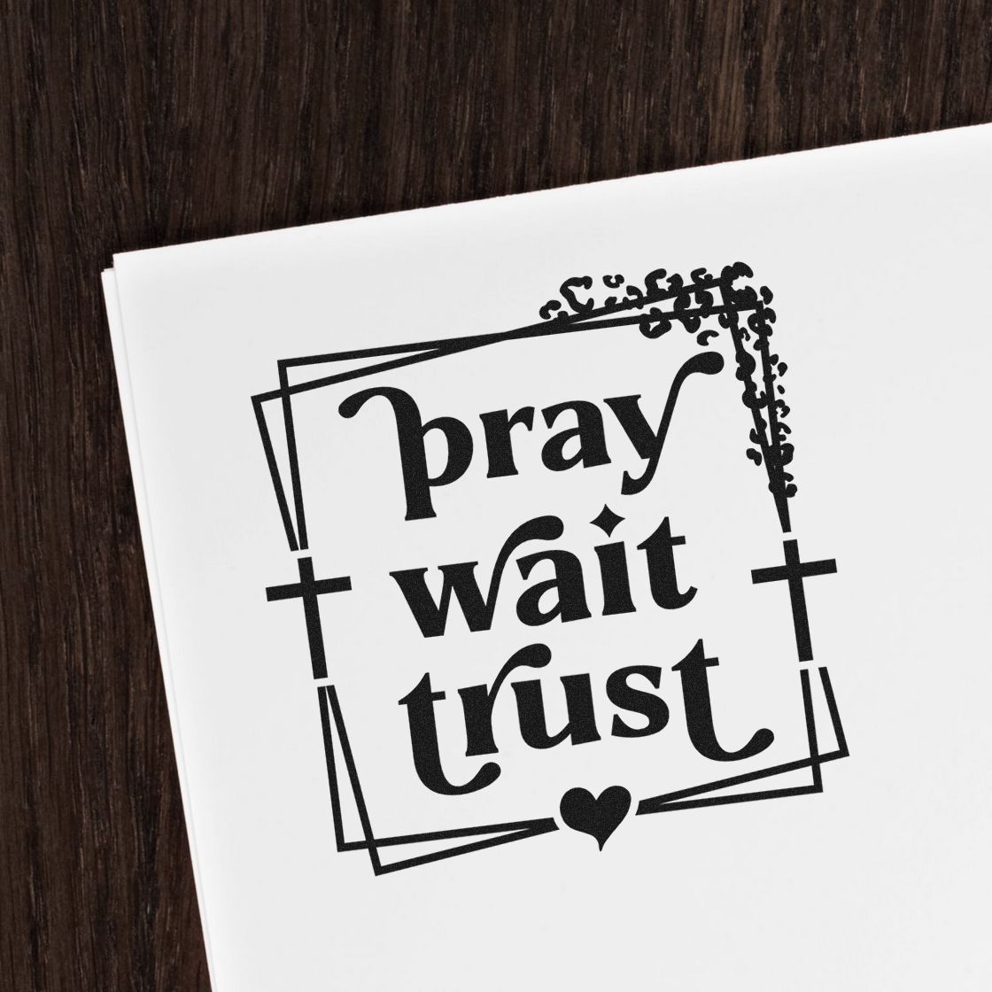 Pray wait trust rubber stamp design with crosses and heart for faith-based cards, journaling, and craft projects.