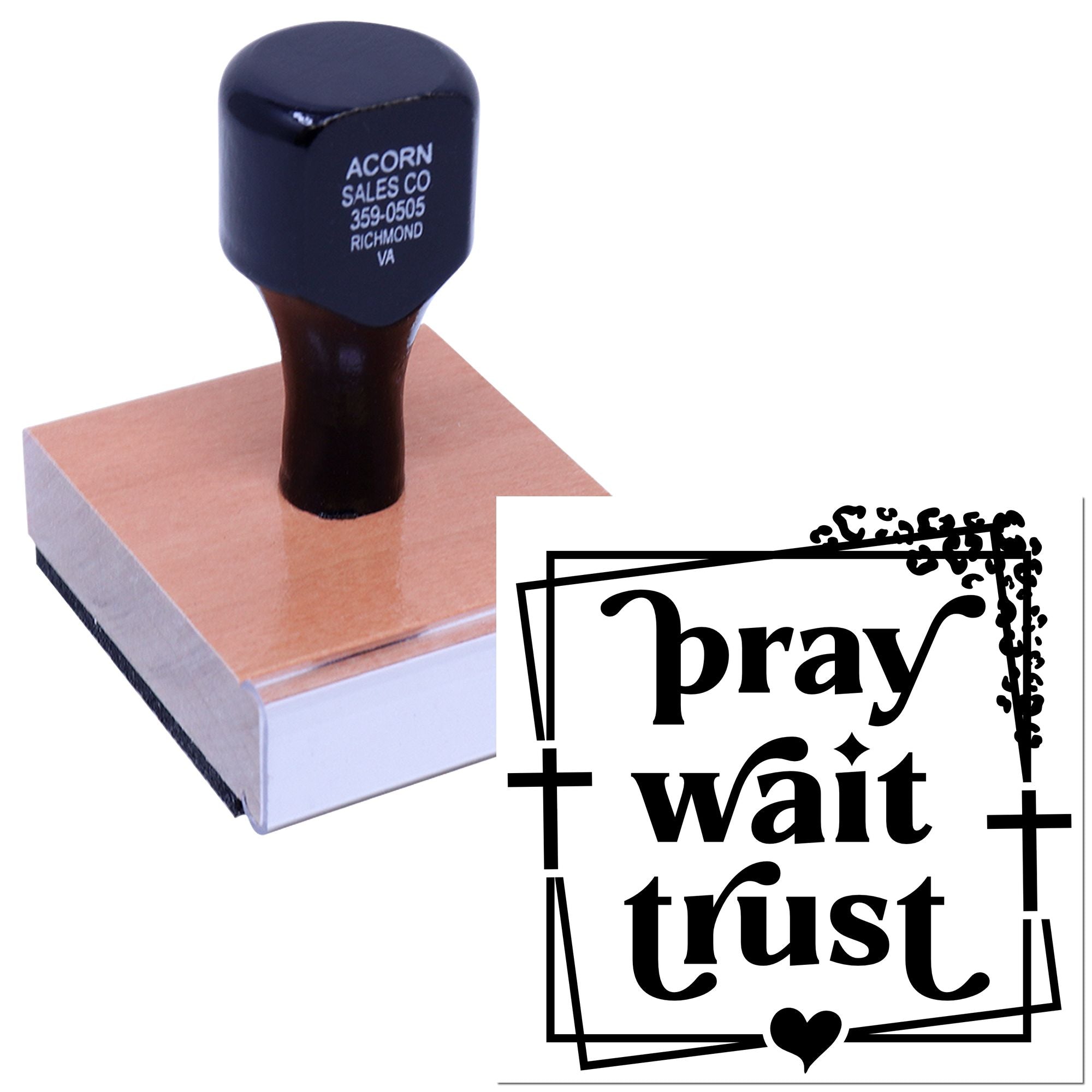 Custom rubber stamp with "pray wait trust" design and heart, ideal for faith-based crafts, journaling, and handmade cards.