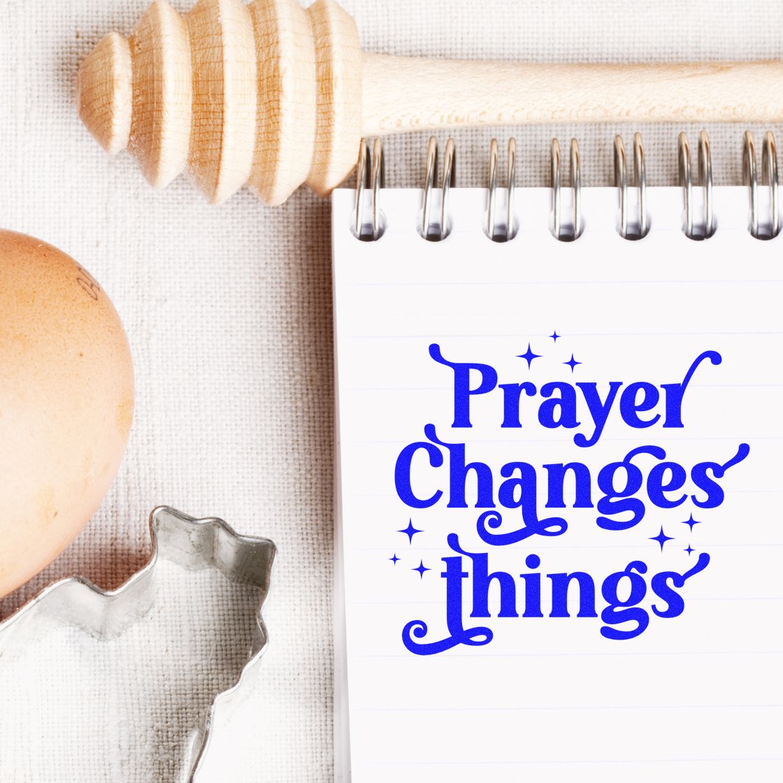 Prayer Changes Things rubber stamp design on a notebook, perfect for faith-based crafting and Christian journaling.