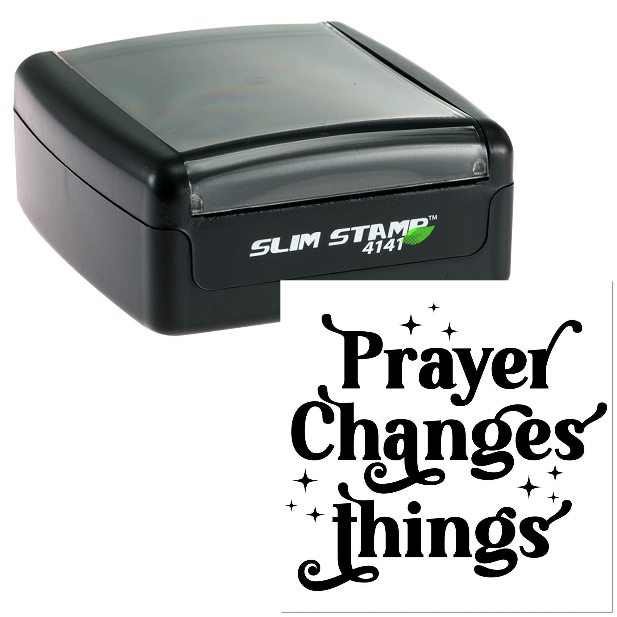 Slim Stamp 4141 self-inking rubber stamp with Prayer Changes Things design for faith-based crafts and church use.