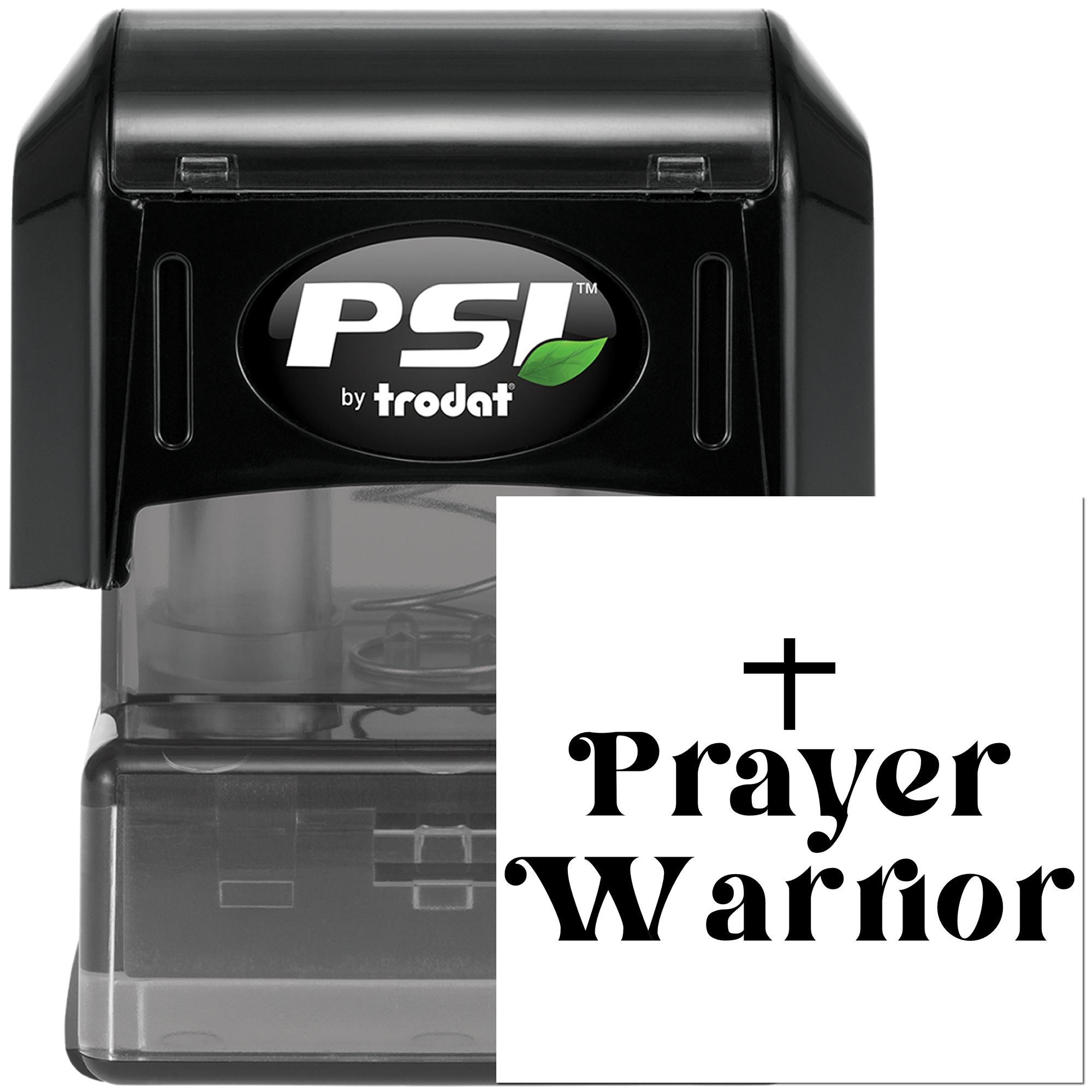 PSI by Trodat self-inking rubber stamp with Prayer Warrior text and cross, ideal for custom faith-based stamping