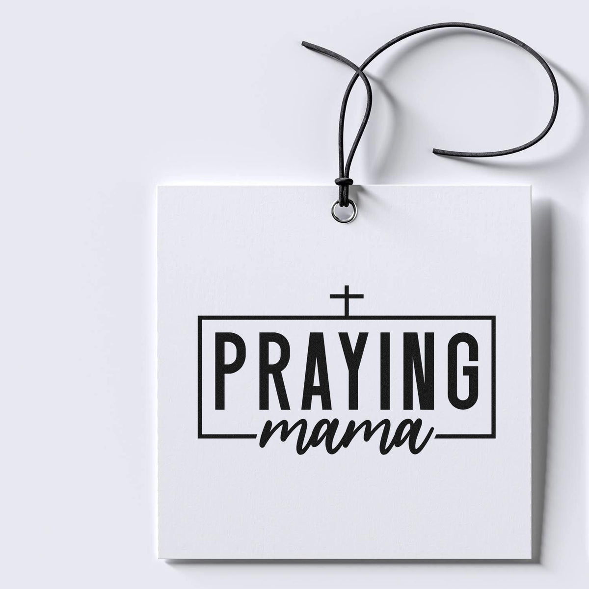 Praying Mama rubber stamp design with cross icon, ideal for Christian gift tags, Bible journaling, and faith-based crafts