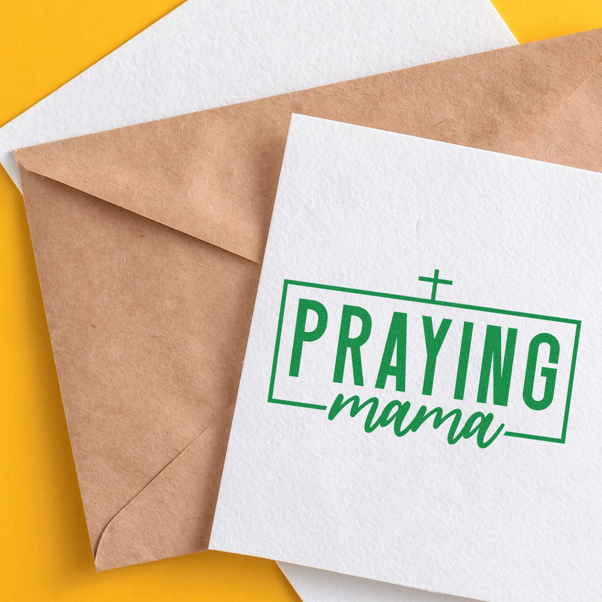 Praying Mama rubber stamp design on stationery and kraft envelope, ideal for Christian handmade cards and gift packaging.