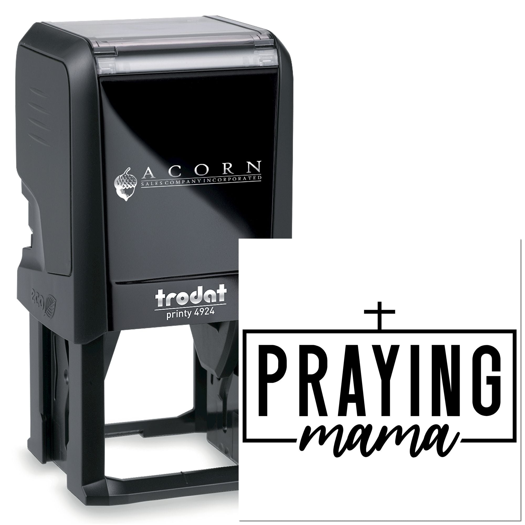 Custom self-inking rubber stamp, Trodat Printy 4924, with Praying Mama design for Christian faith gifts.