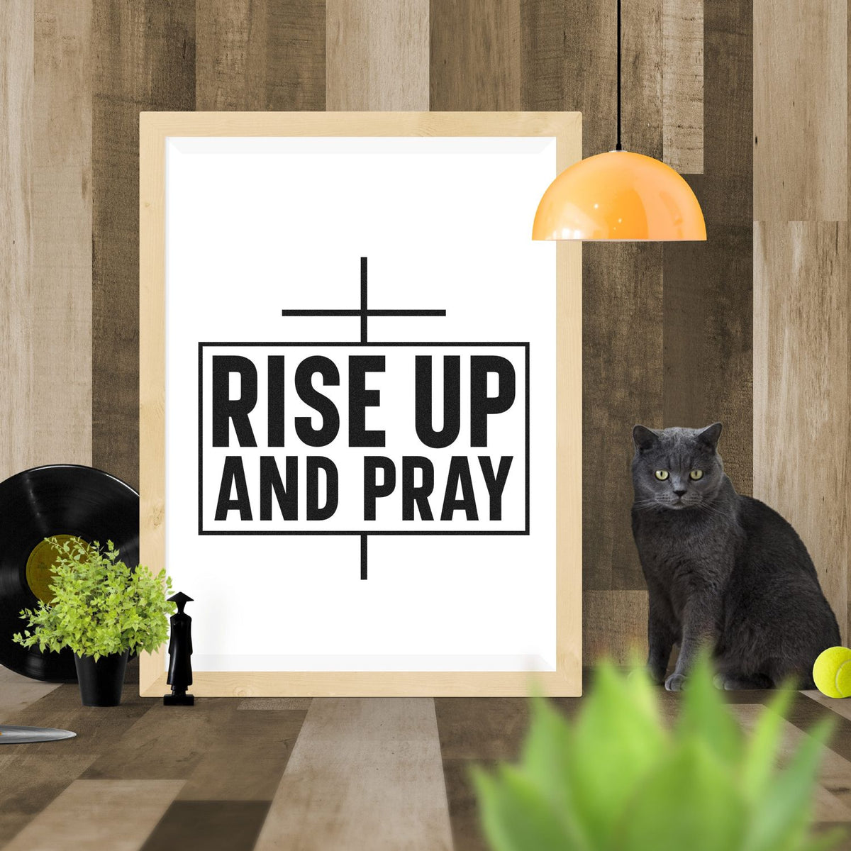 Rise Up and Pray rubber stamp design with bold Christian inspirational typography and cross icon
