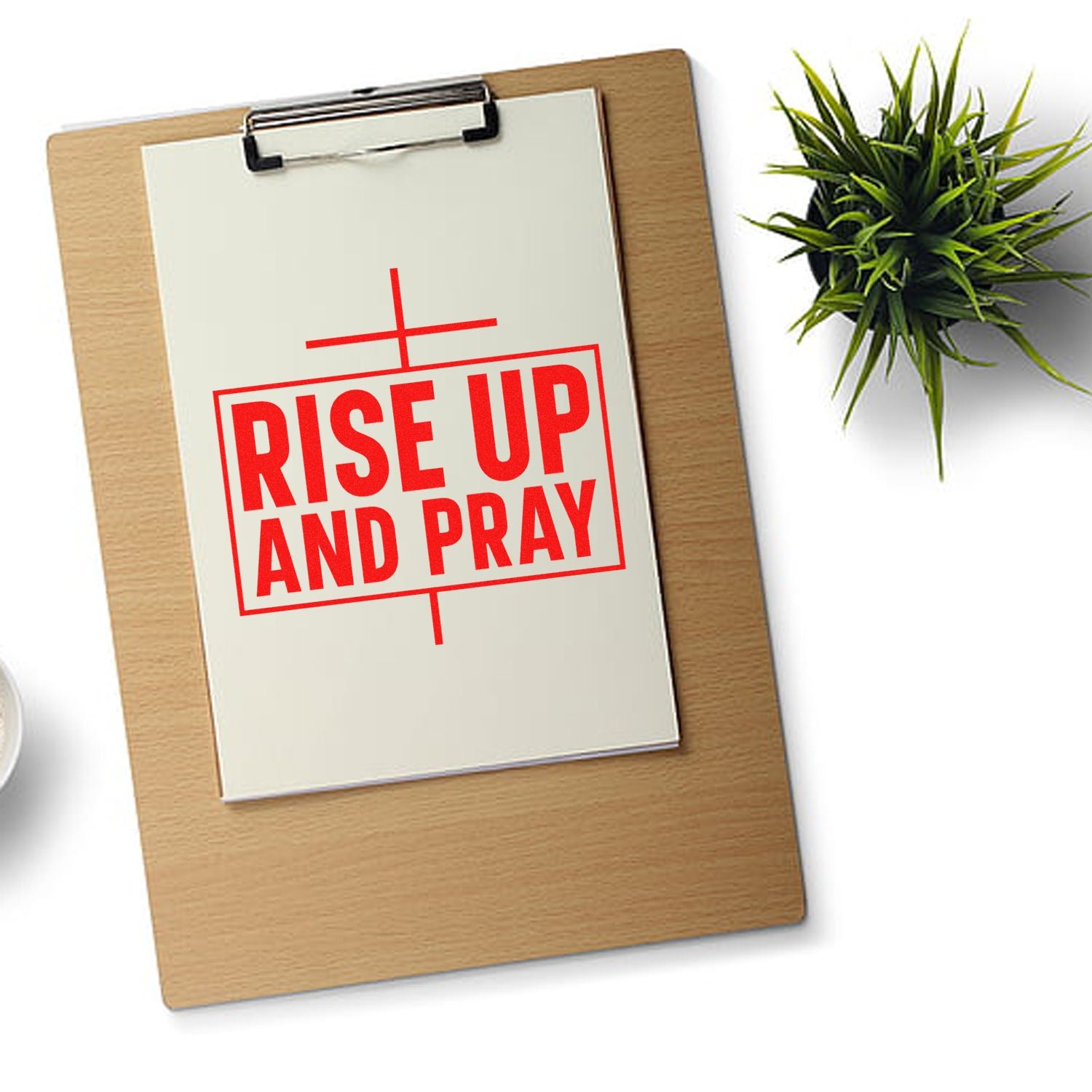 Faith-based rubber stamp design with Rise Up and Pray message for religious stationery, church crafts, and ministry branding.