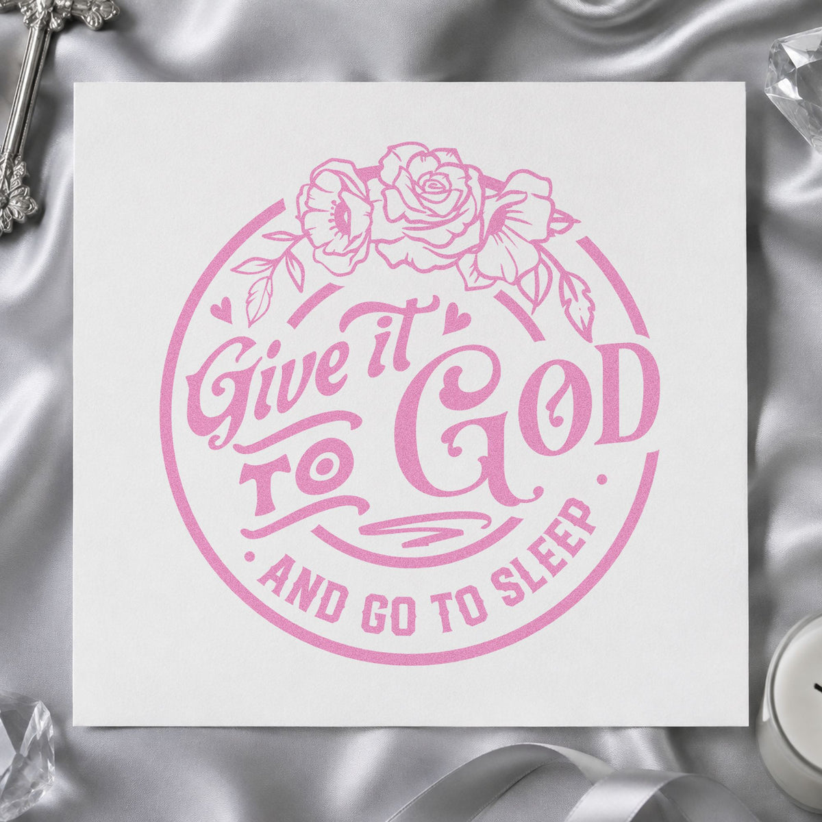 Give It to God craft stamp in purple ink on cardstock, an easy option for pillow spray gifts.