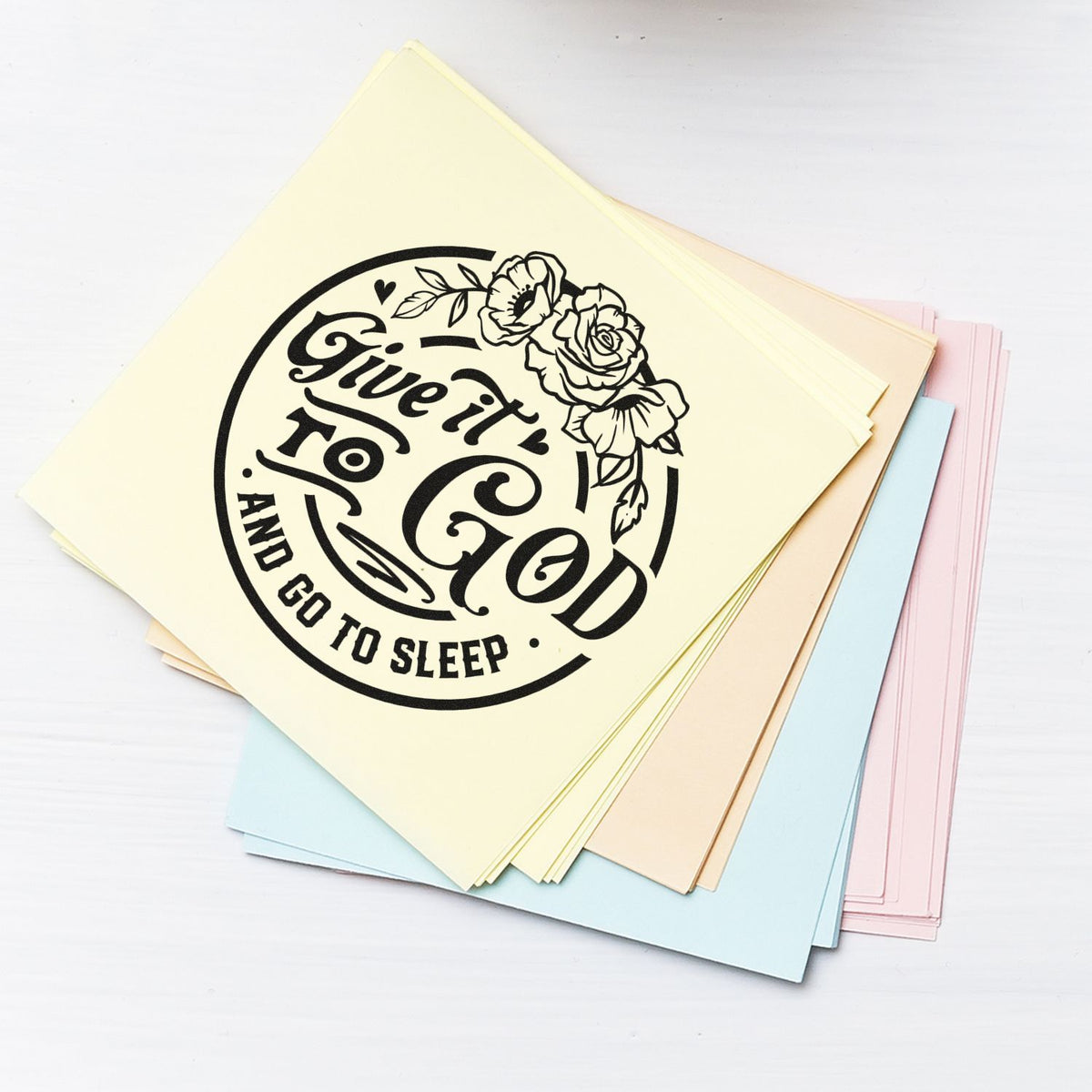 Christian floral rubber stamp with Give it to God and go to sleep quote for handmade cards, journals, and faith-based crafts.