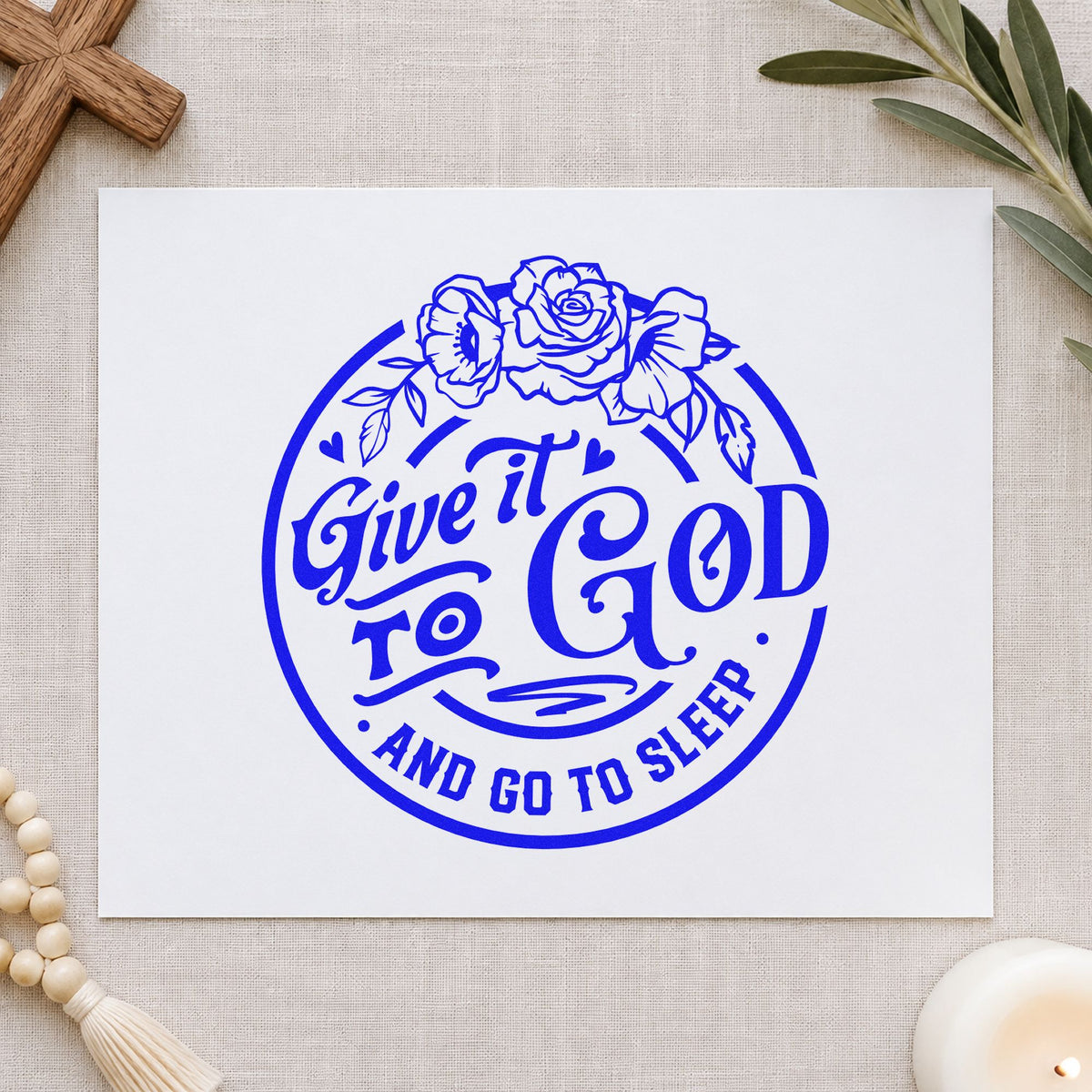Give It to God craft stamp in blue ink on cardstock, an easy option for round label seals.