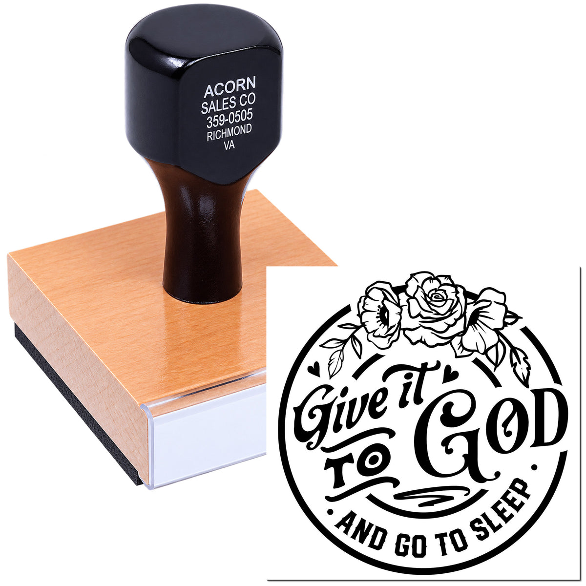 Custom rubber stamp featuring floral Give it to God and go to sleep design for faith-based crafting and stamping projects.