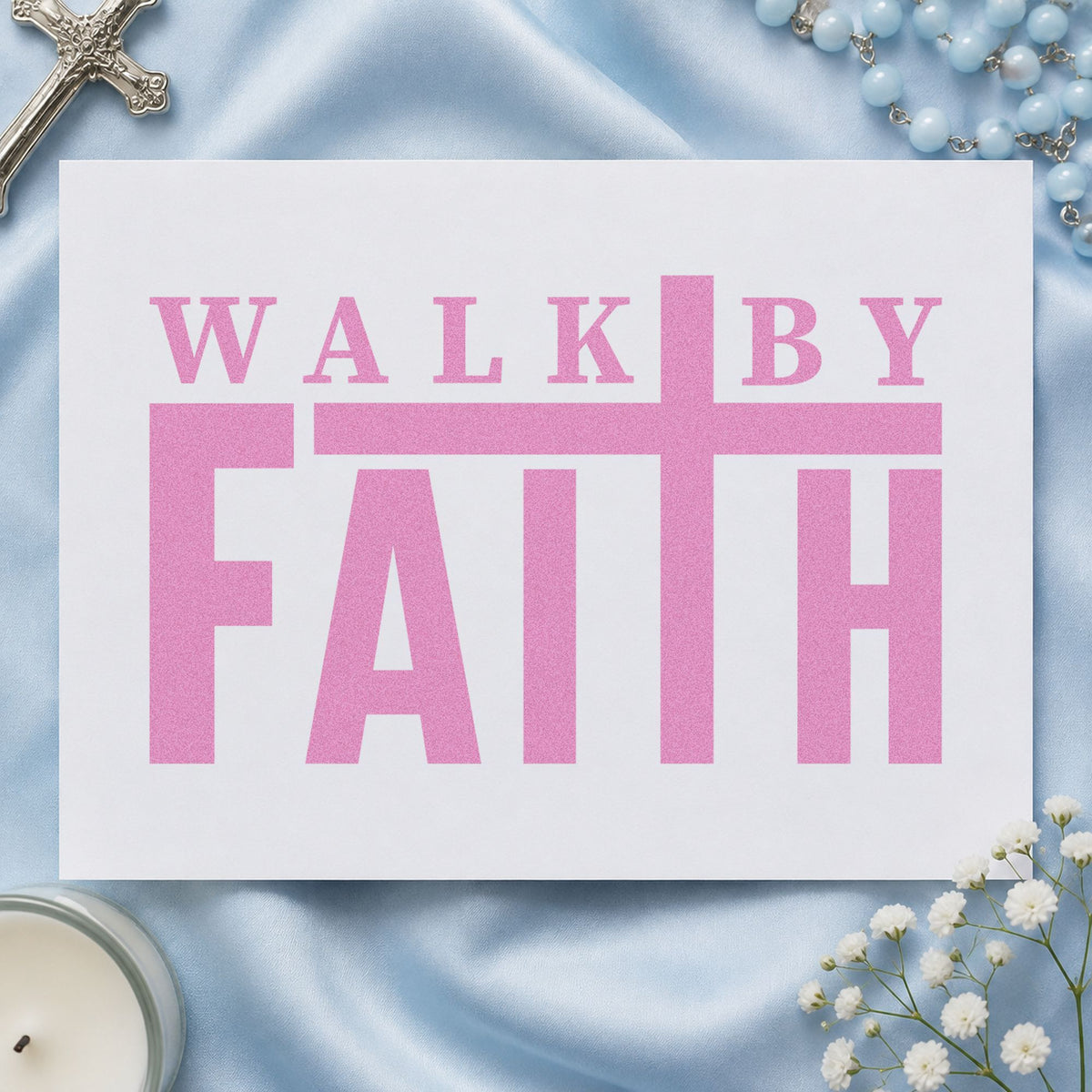 Walk by Faith craft stamp in purple ink on cardstock, an easy option for walking club tees.