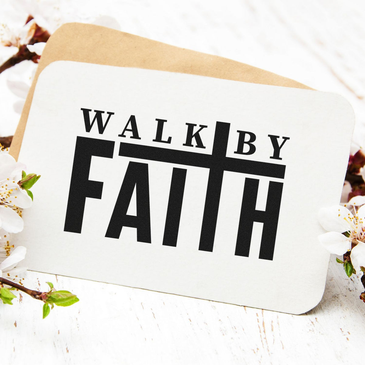 Walk by Faith rubber stamp design on a card, ideal for religious crafts, journaling, and faith-based handmade projects.