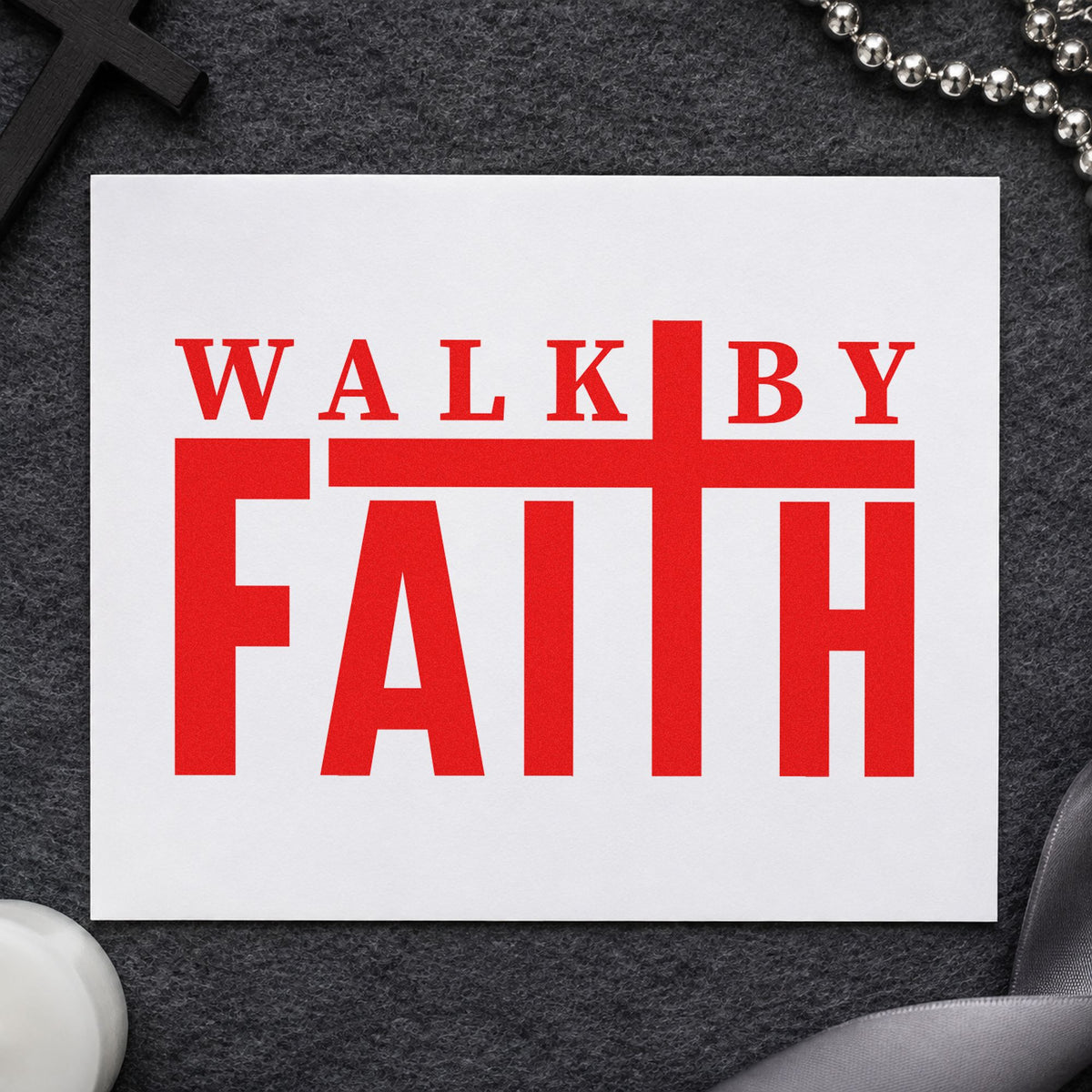 Walk by Faith rubber stamp shown in red ink, stamped for projects such as deployment letters.