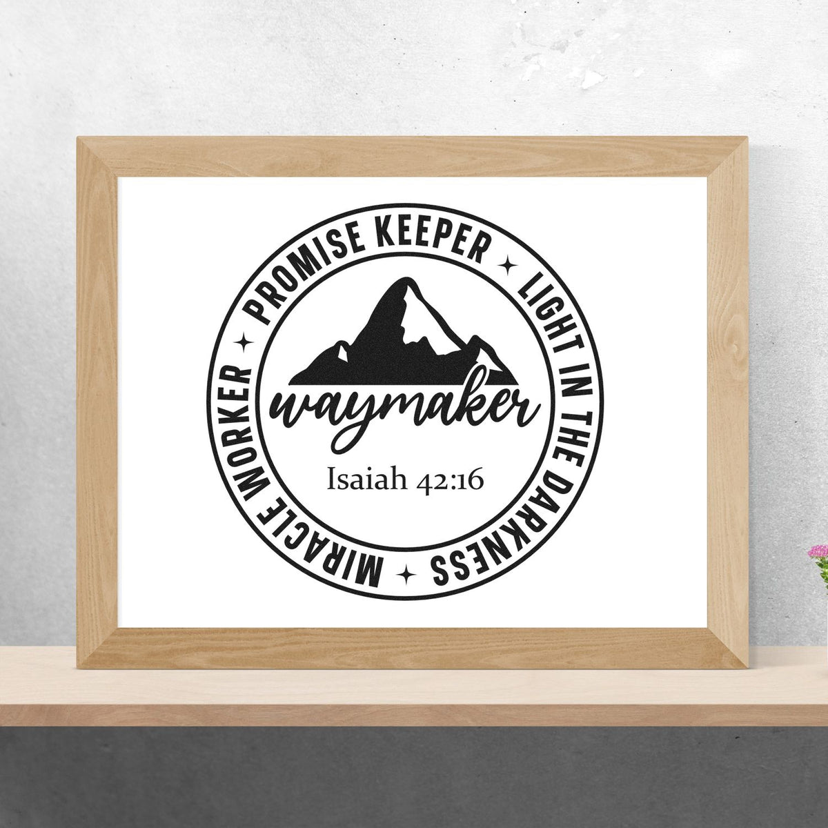 Christian rubber stamp mockup with mountain logo and Isaiah 42:16: Promise Keeper, Light in the Darkness, Miracle Worker, Waymaker.