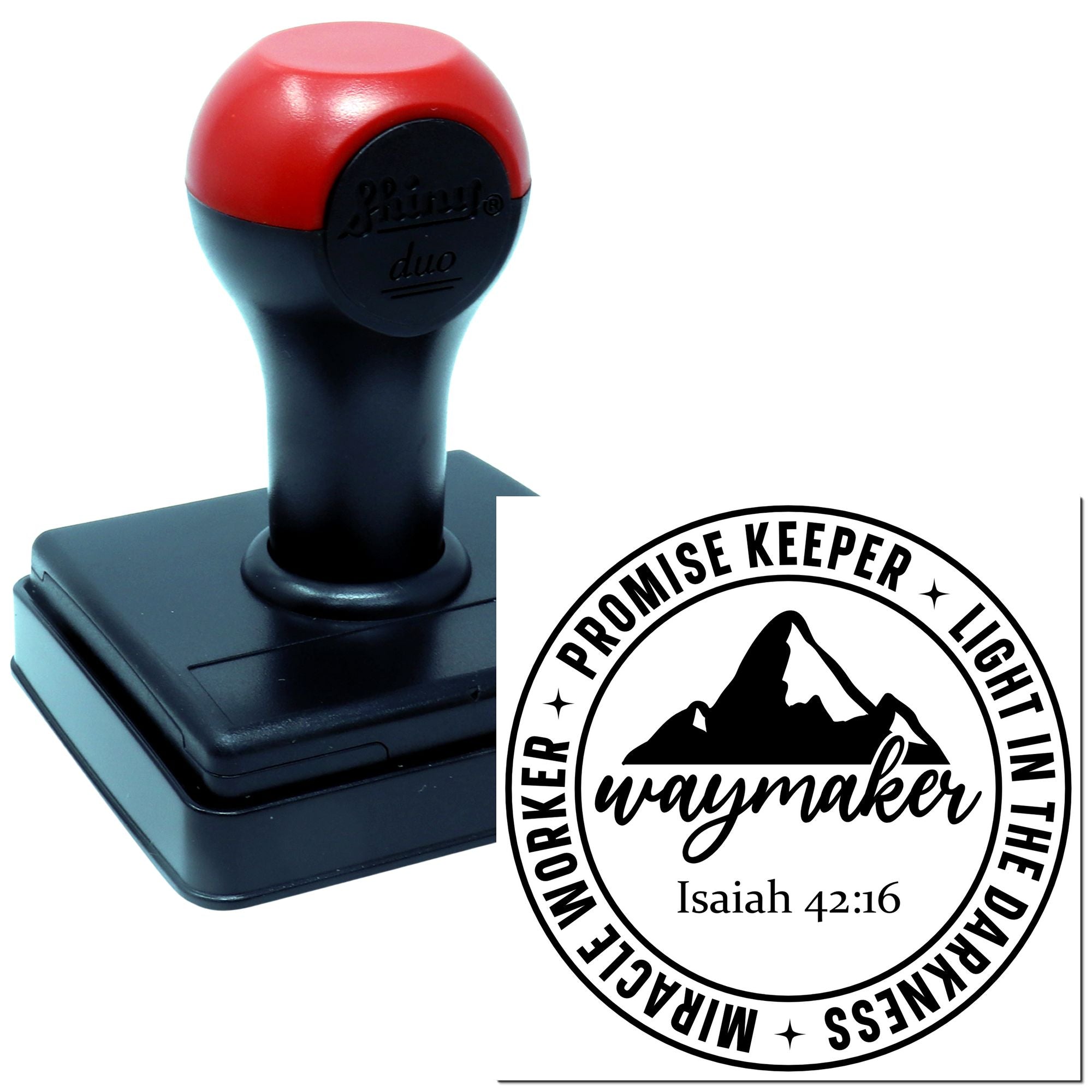 Self-inking rubber stamp with Promise Keeper, Waymaker Christian design and Isaiah 42:16 verse imprint.