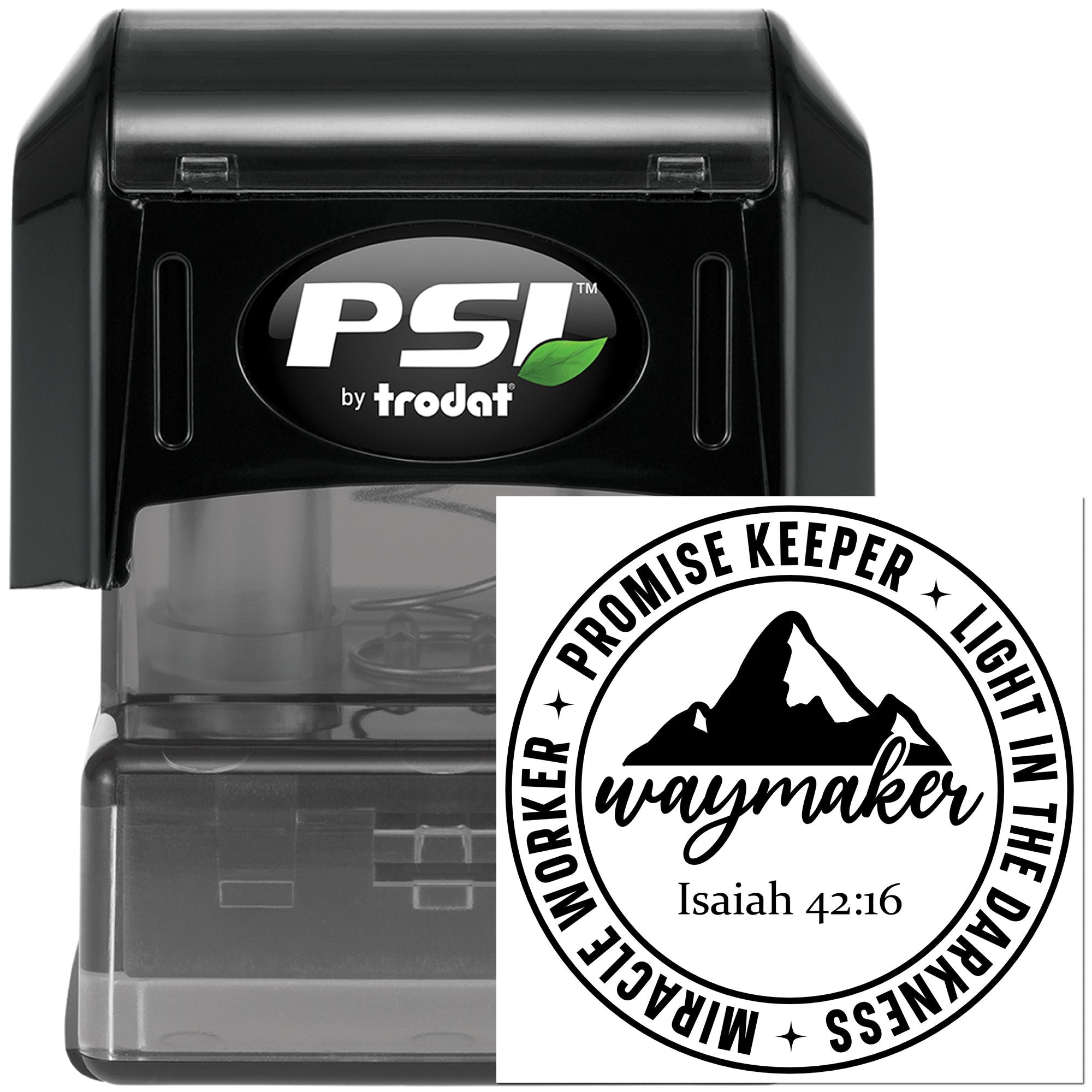 Self-inking rubber stamp by Trodat for church use, featuring Promise Keeper, Waymaker, and Isaiah 42:16.