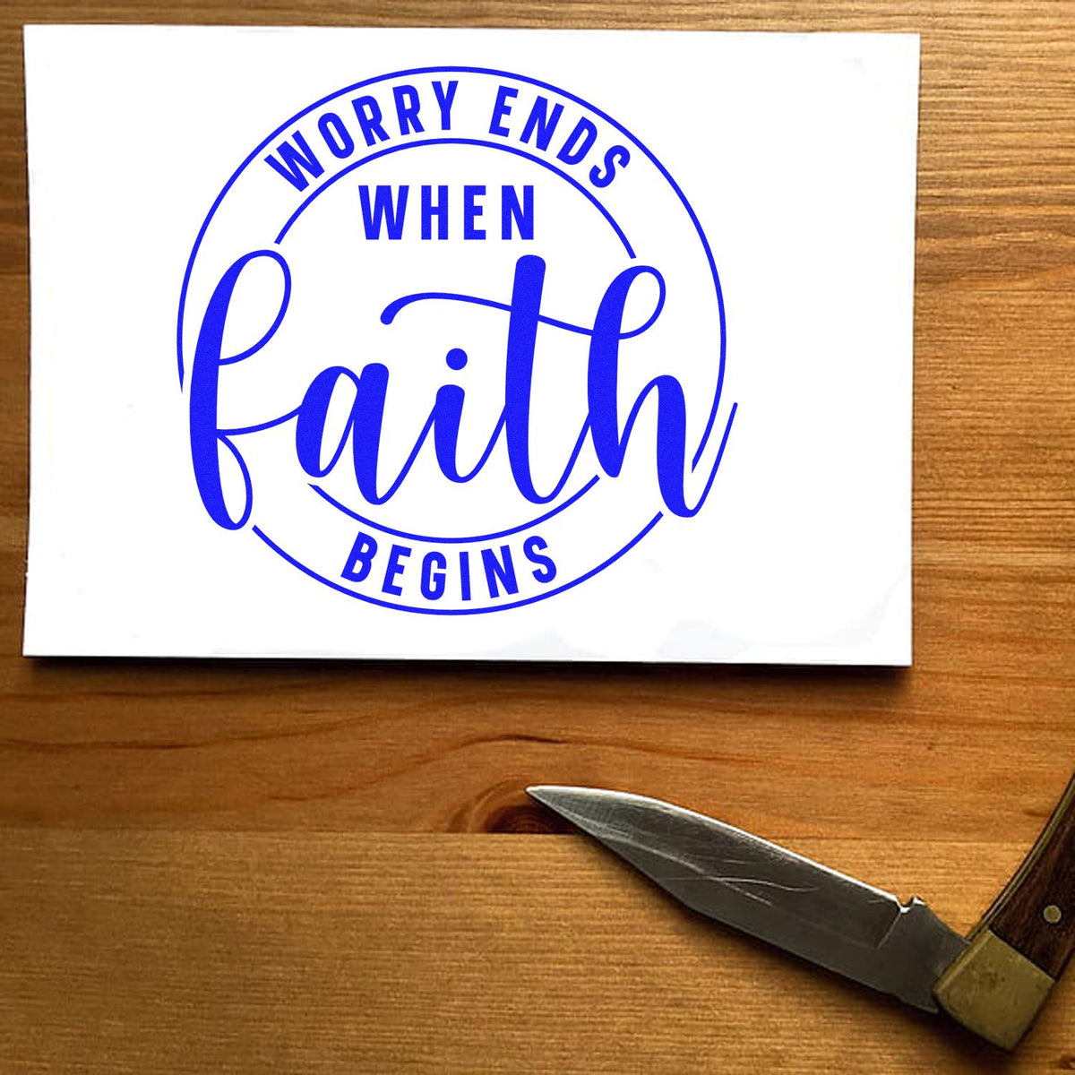 Inspirational custom rubber stamp design reading Worry ends when faith begins for cards, journals, and faith crafts.