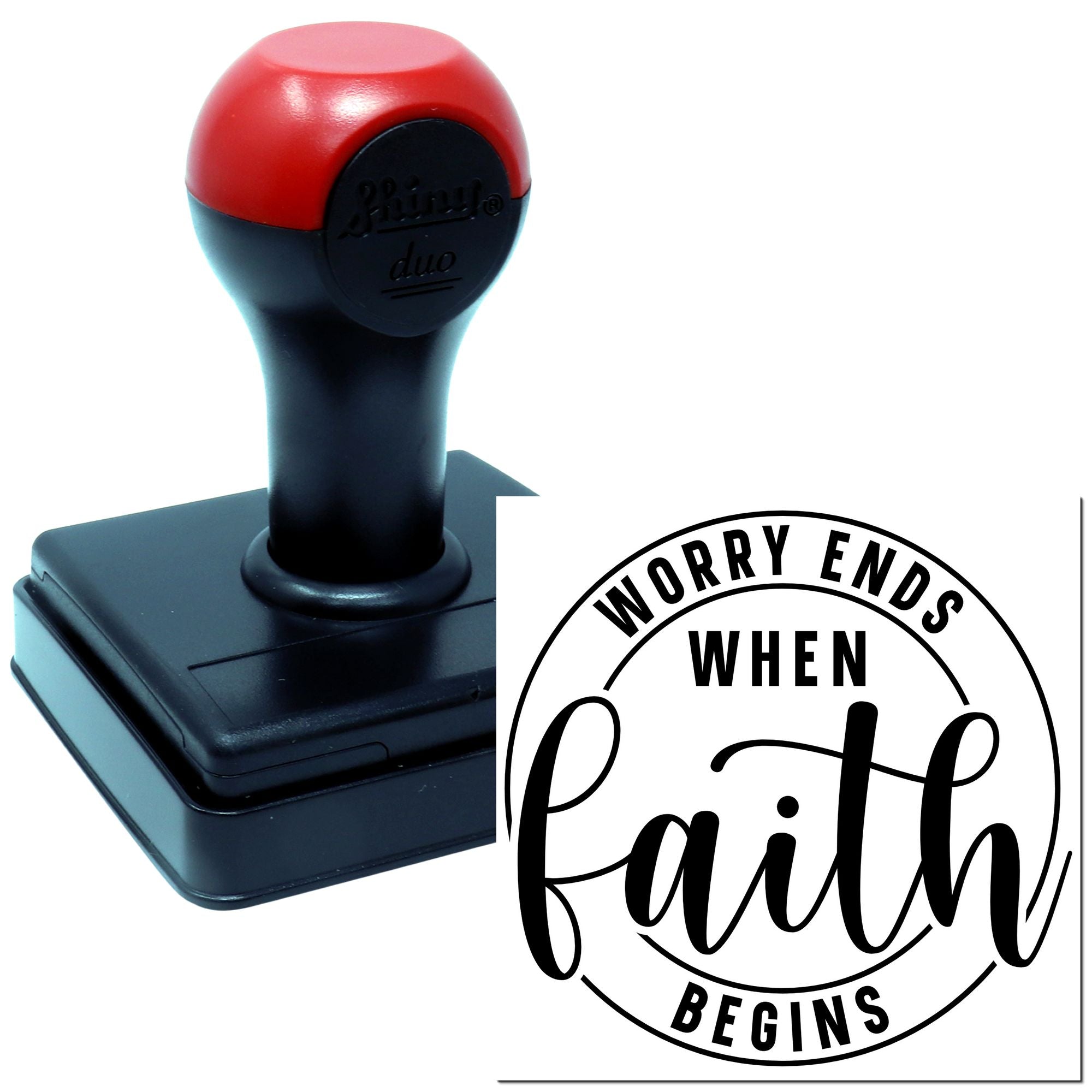 Self-inking rubber stamp with Worry ends when faith begins message for Christian encouragement and crafts.