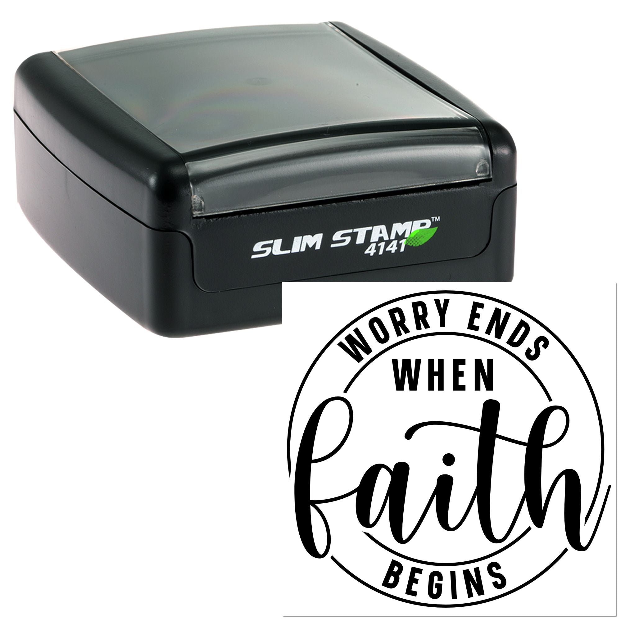 Slim self-inking rubber stamp with inspirational quote, Worry ends when faith begins, for custom faith messaging.