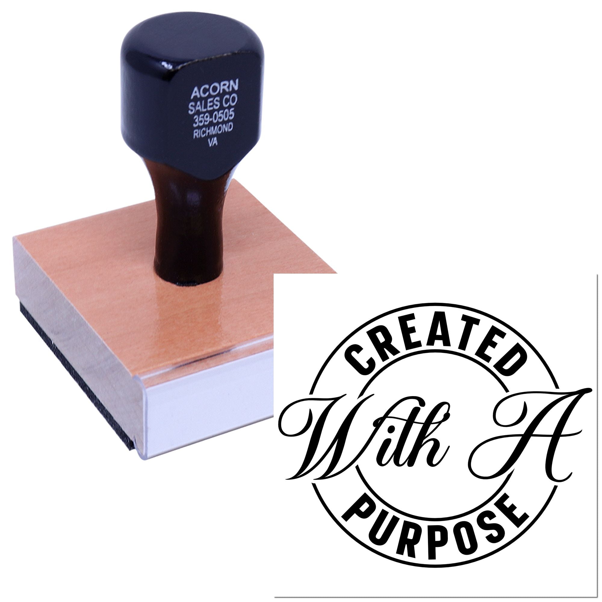 Custom rubber stamp with Created With a Purpose logo on wooden mount for branding, crafts, and packaging.