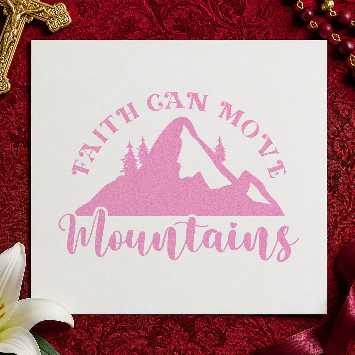 Faith Moves Mountains Silhouette craft stamp in purple ink on cardstock, an easy option for camp counselor gifts.