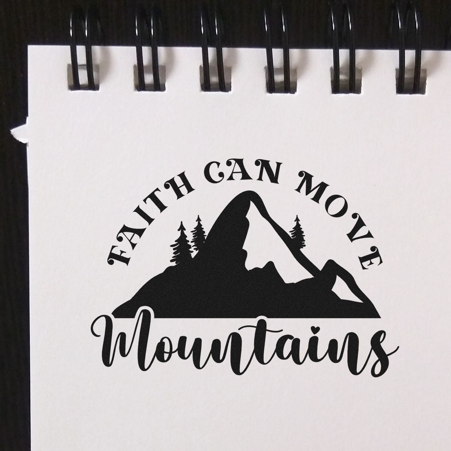 Faith can move mountains rubber stamp design with mountain silhouette and pine trees for inspirational craft projects