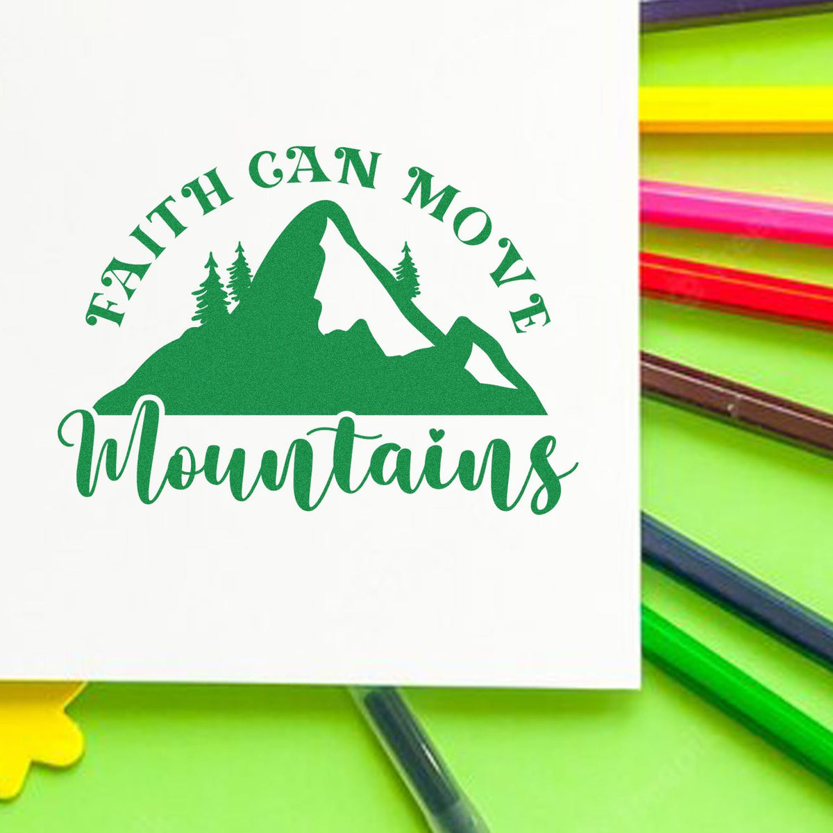 Faith Can Move Mountains rubber stamp design with mountain graphic for inspirational crafting and paper projects.