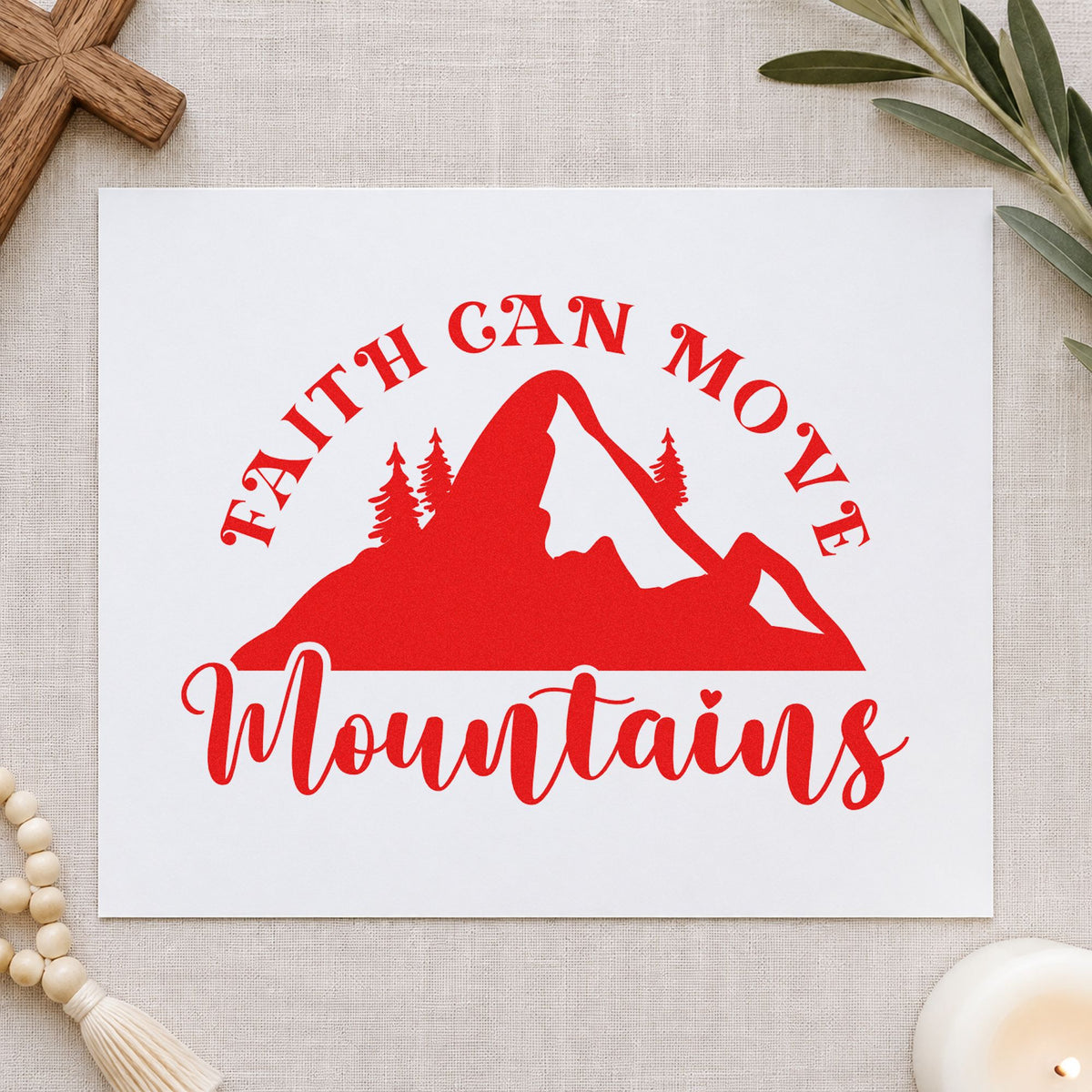 Faith Moves Mountains Silhouette rubber stamp shown in red ink, stamped for projects such as cabin guest books.