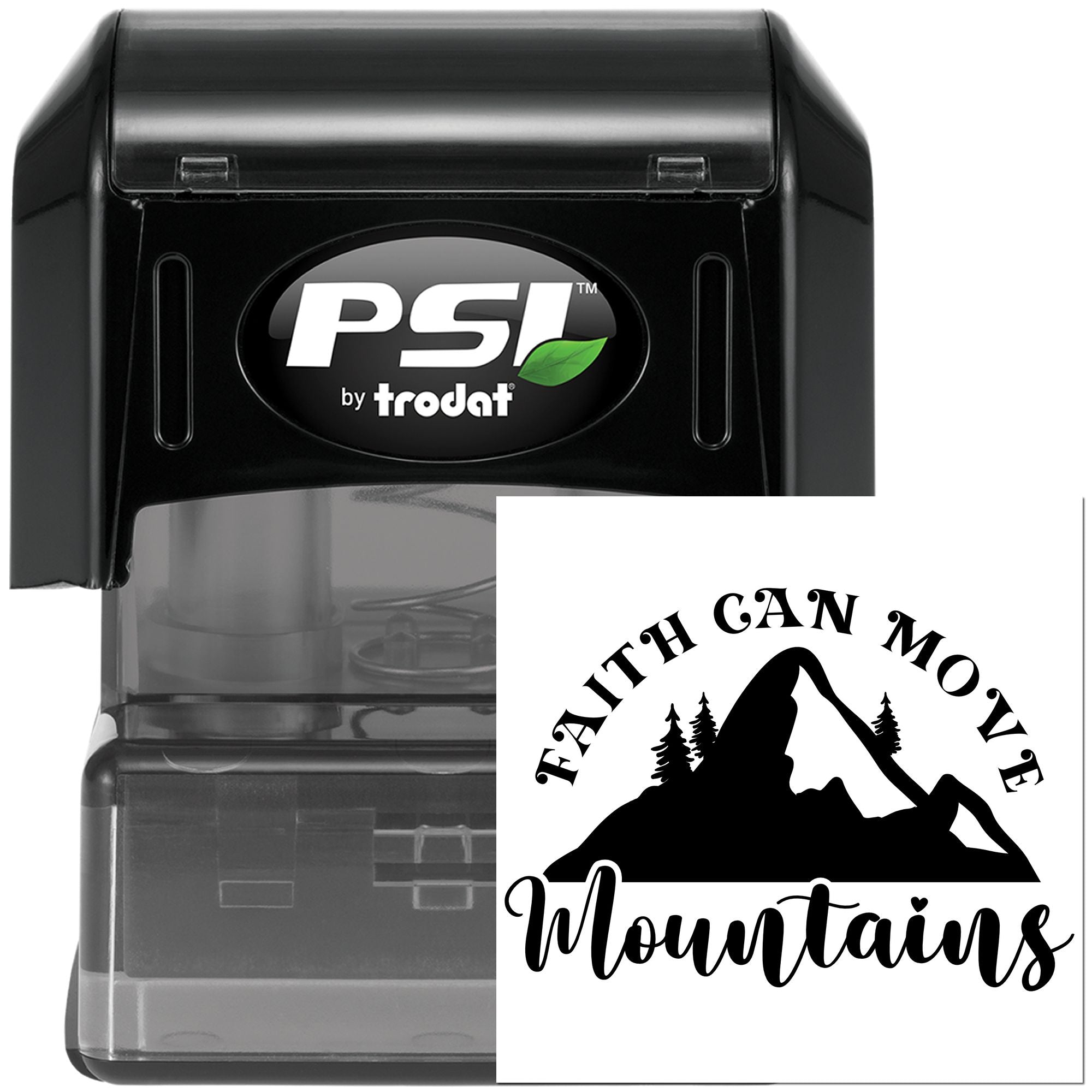 PSI by Trodat self-inking rubber stamp with custom Faith Can Move Mountains mountain design for personalized stamping