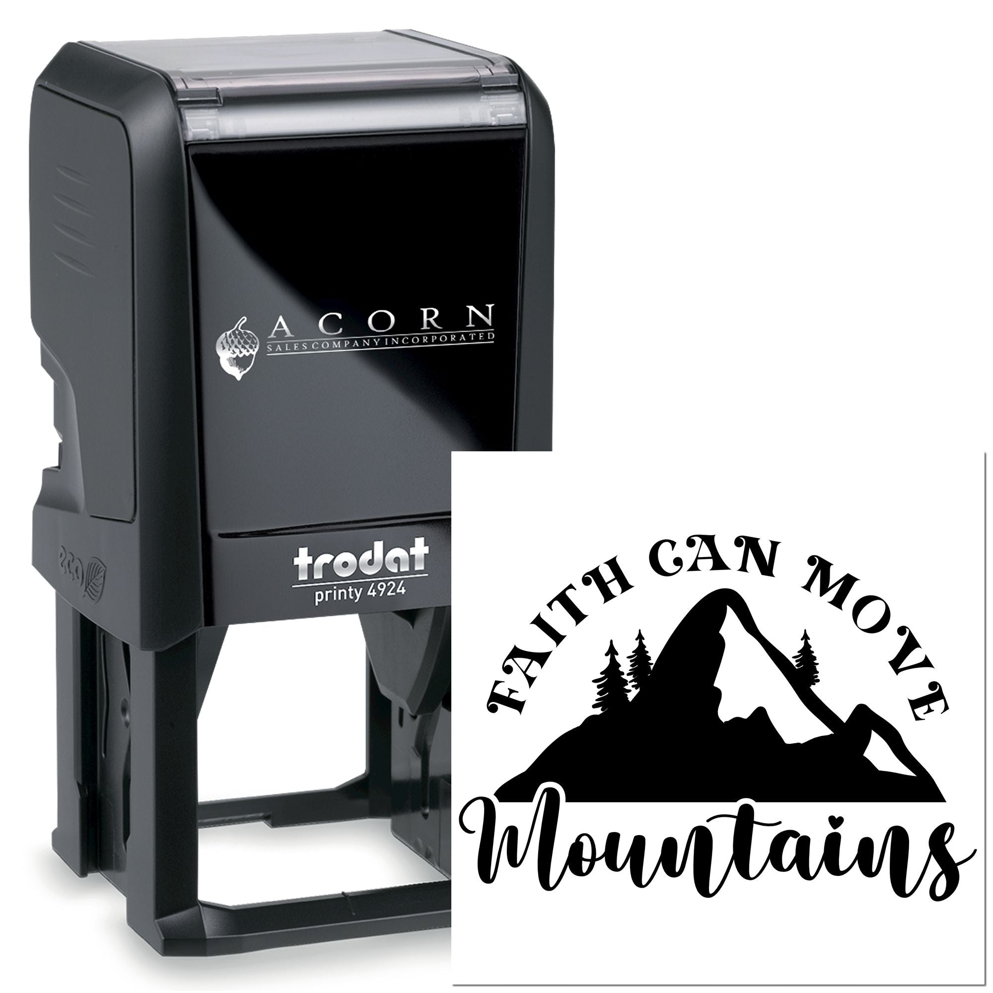 Trodat Printy 4924 custom self-inking rubber stamp with mountain logo for branded business impressions.