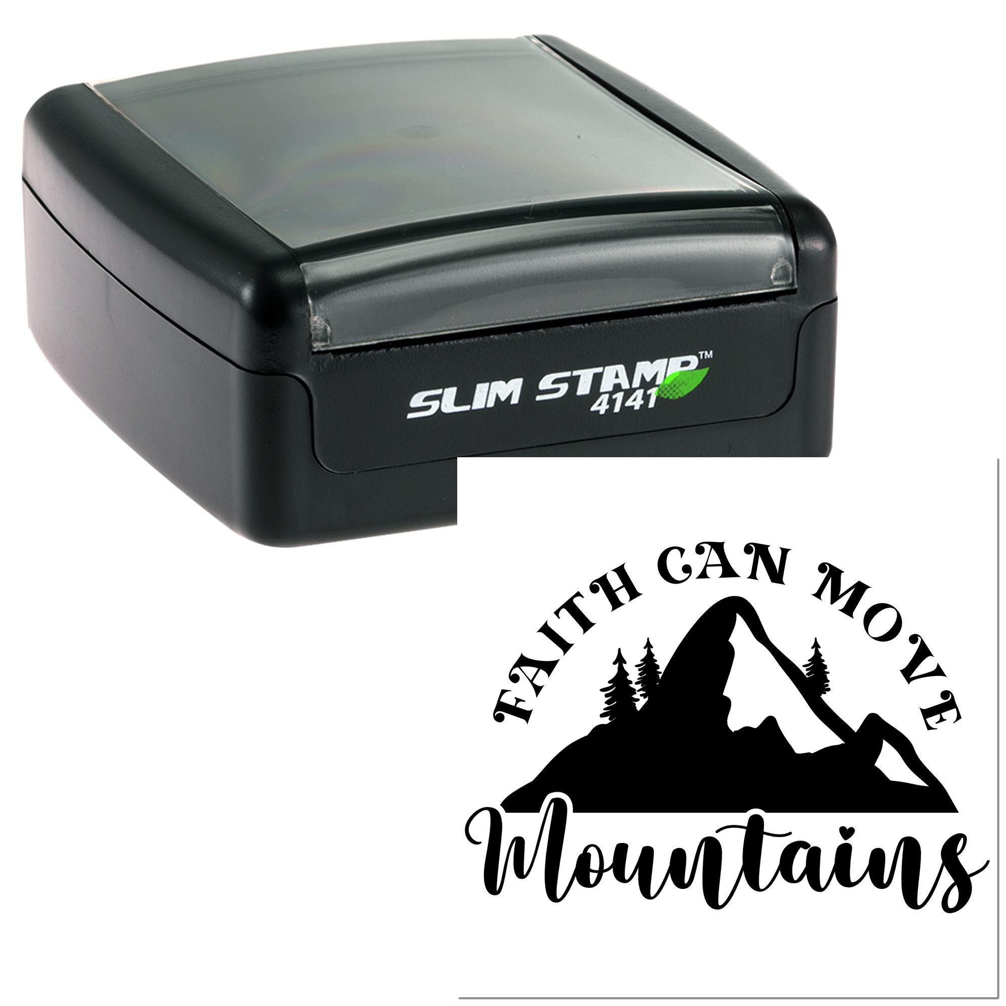 Self-inking rubber stamp Slim Stamp 4141 with Faith Can Move Mountains mountain logo for custom religious branding.