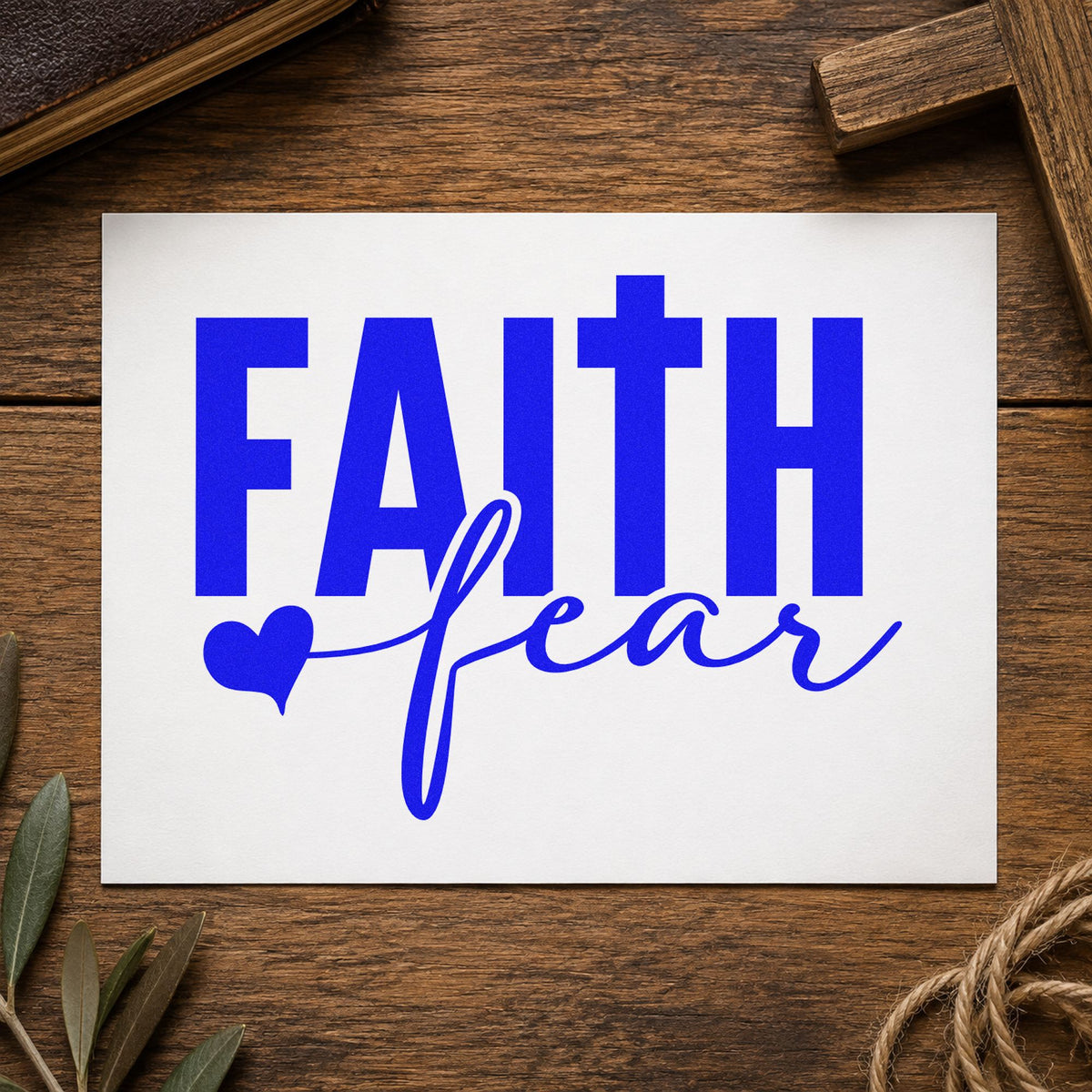 Faith over Fear Block craft stamp in blue ink on cardstock, an easy option for tee transfers.