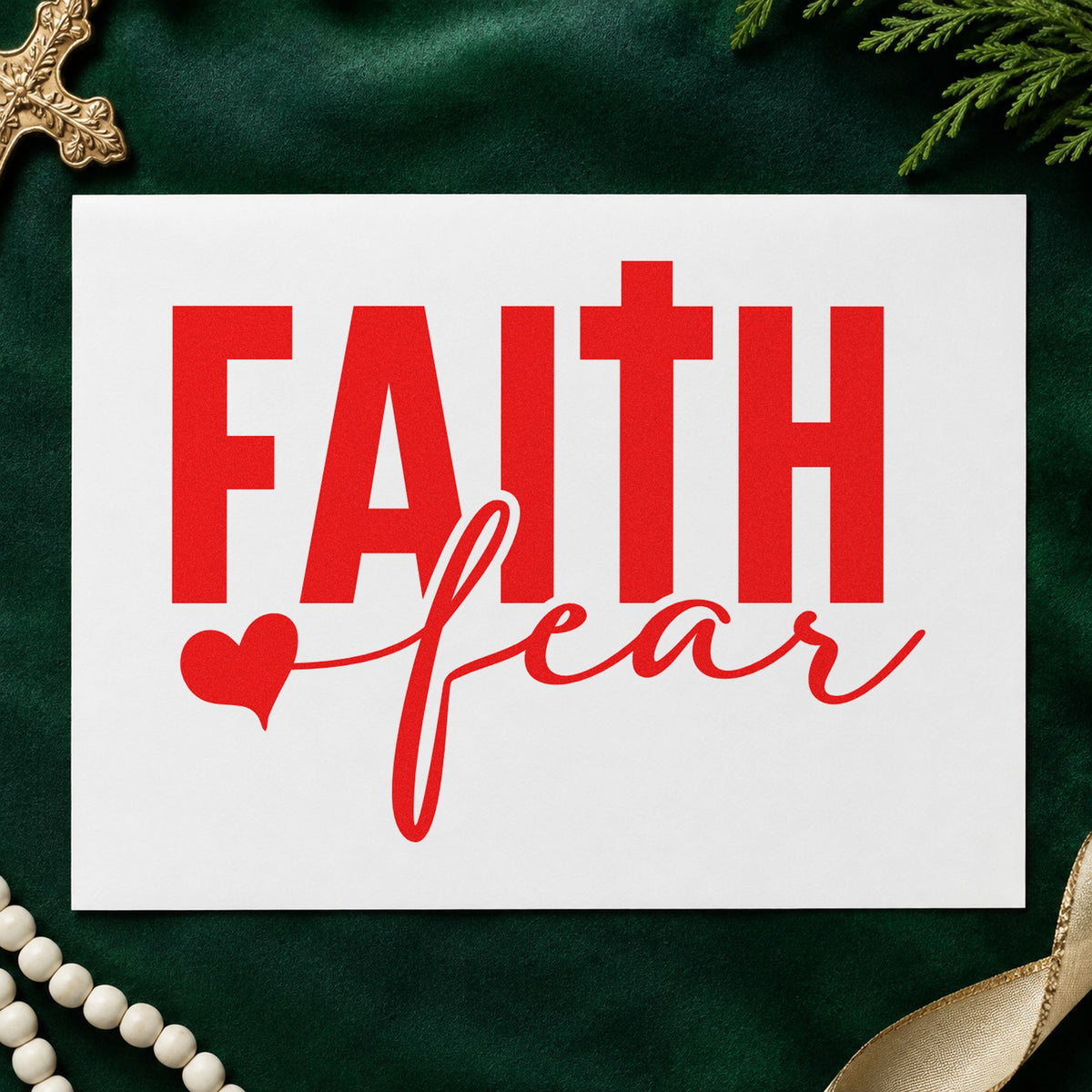 Faith over Fear Block rubber stamp shown in red ink, stamped for projects such as stage fright notes.