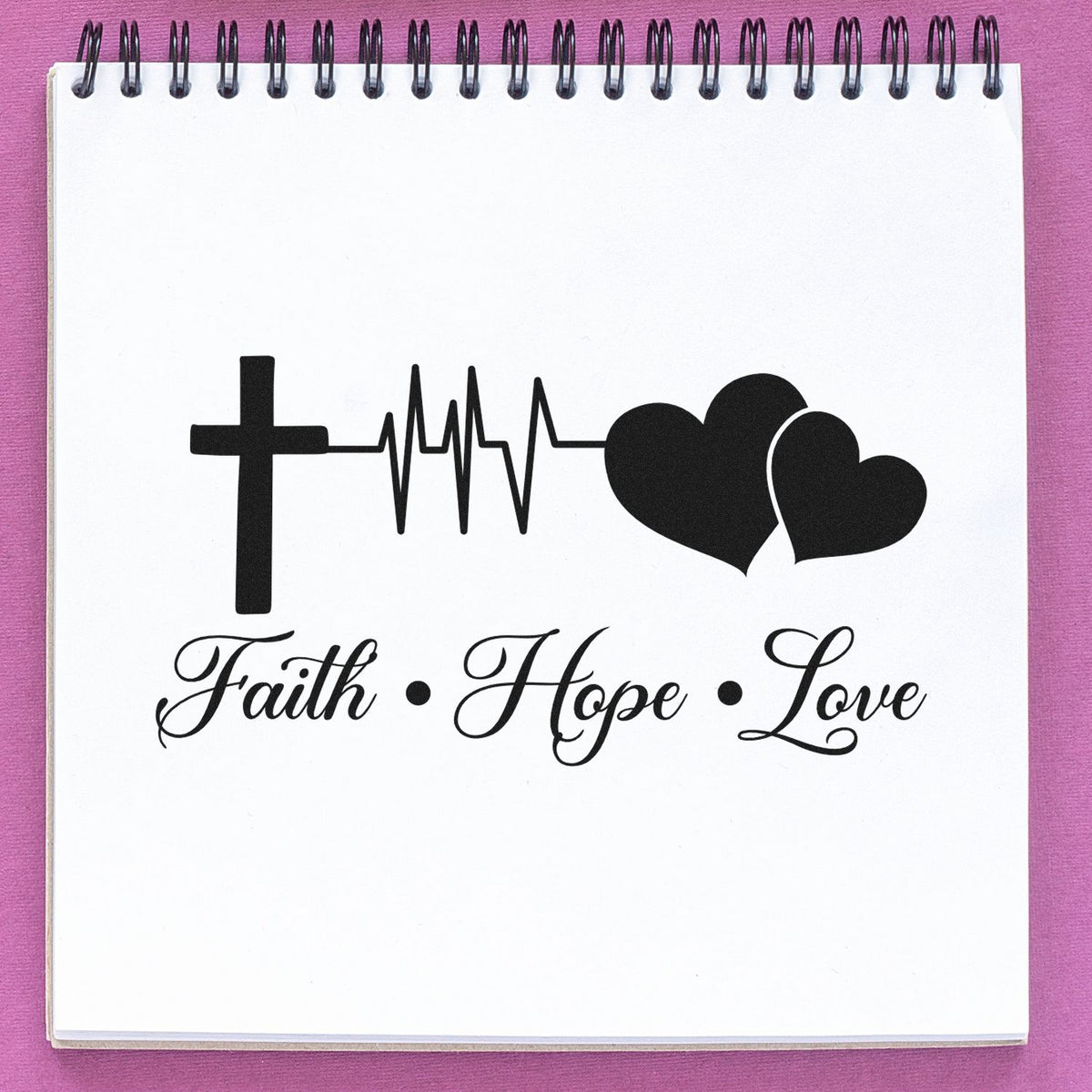 Christian Faith Hope Love rubber stamp design with cross, heartbeat line and hearts for inspirational card making.