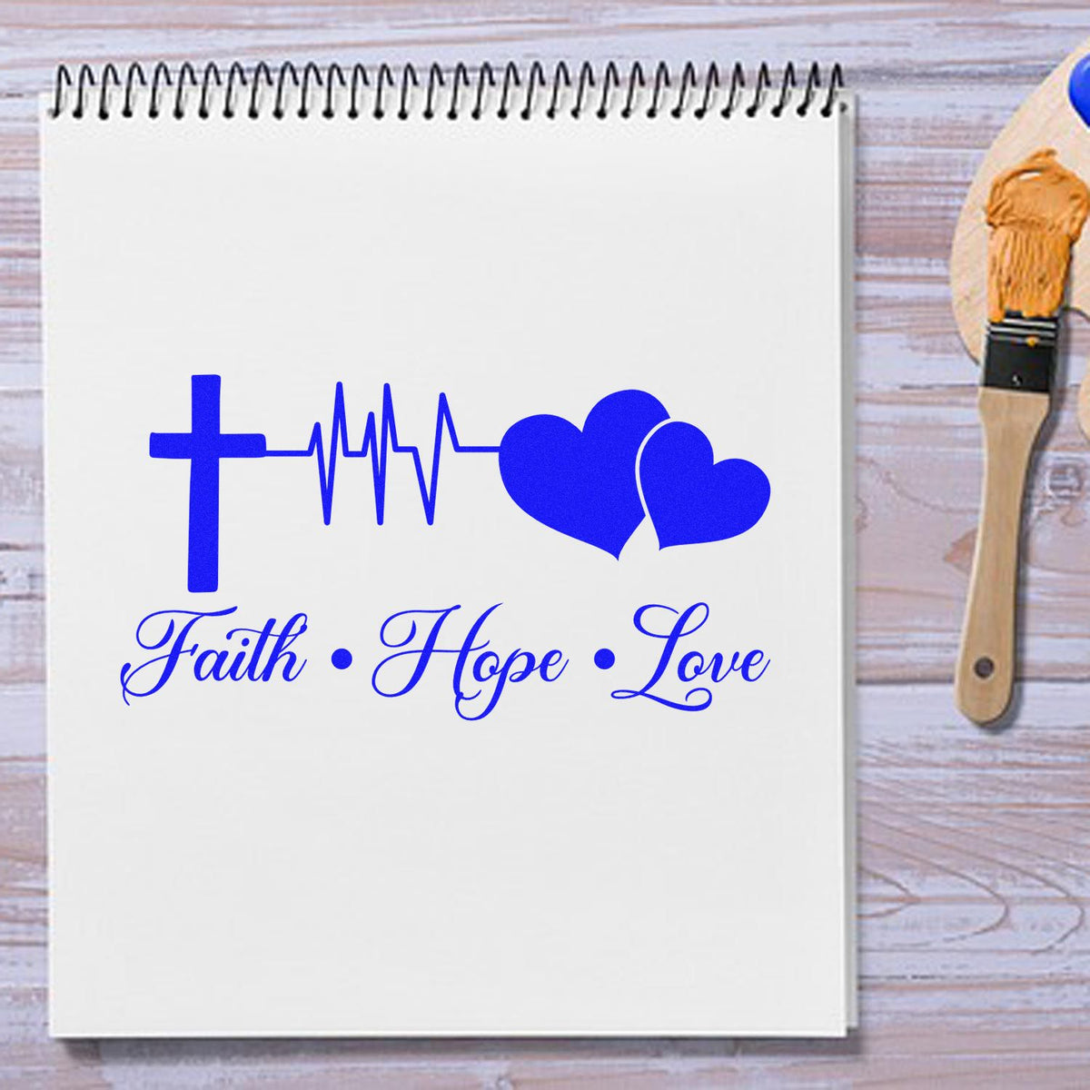 Christian rubber stamp design with cross, heartbeat line and hearts, featuring Faith Hope Love for faith-based crafts.