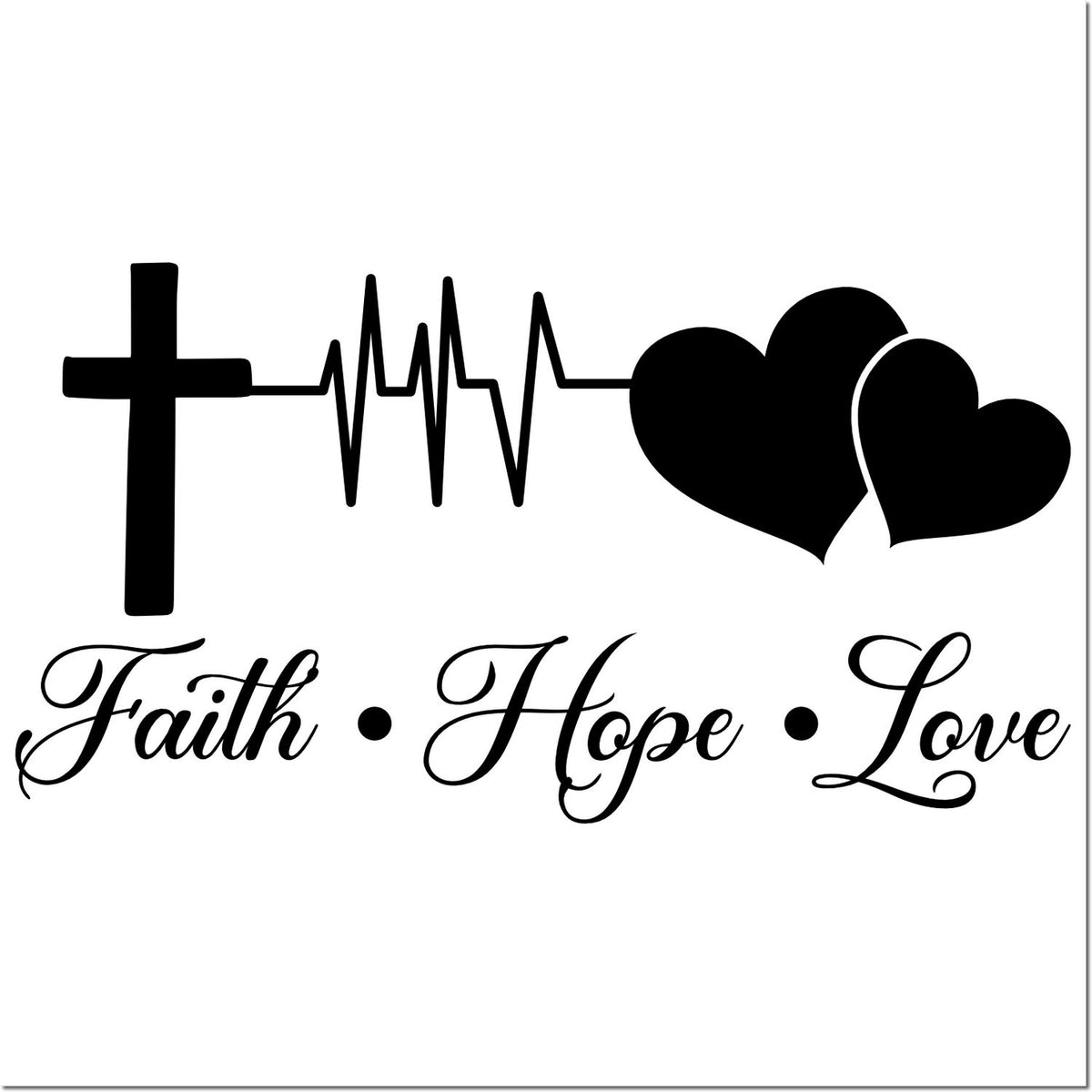 Faith Hope Love Christian rubber stamp design with cross, heartbeat line, and hearts.