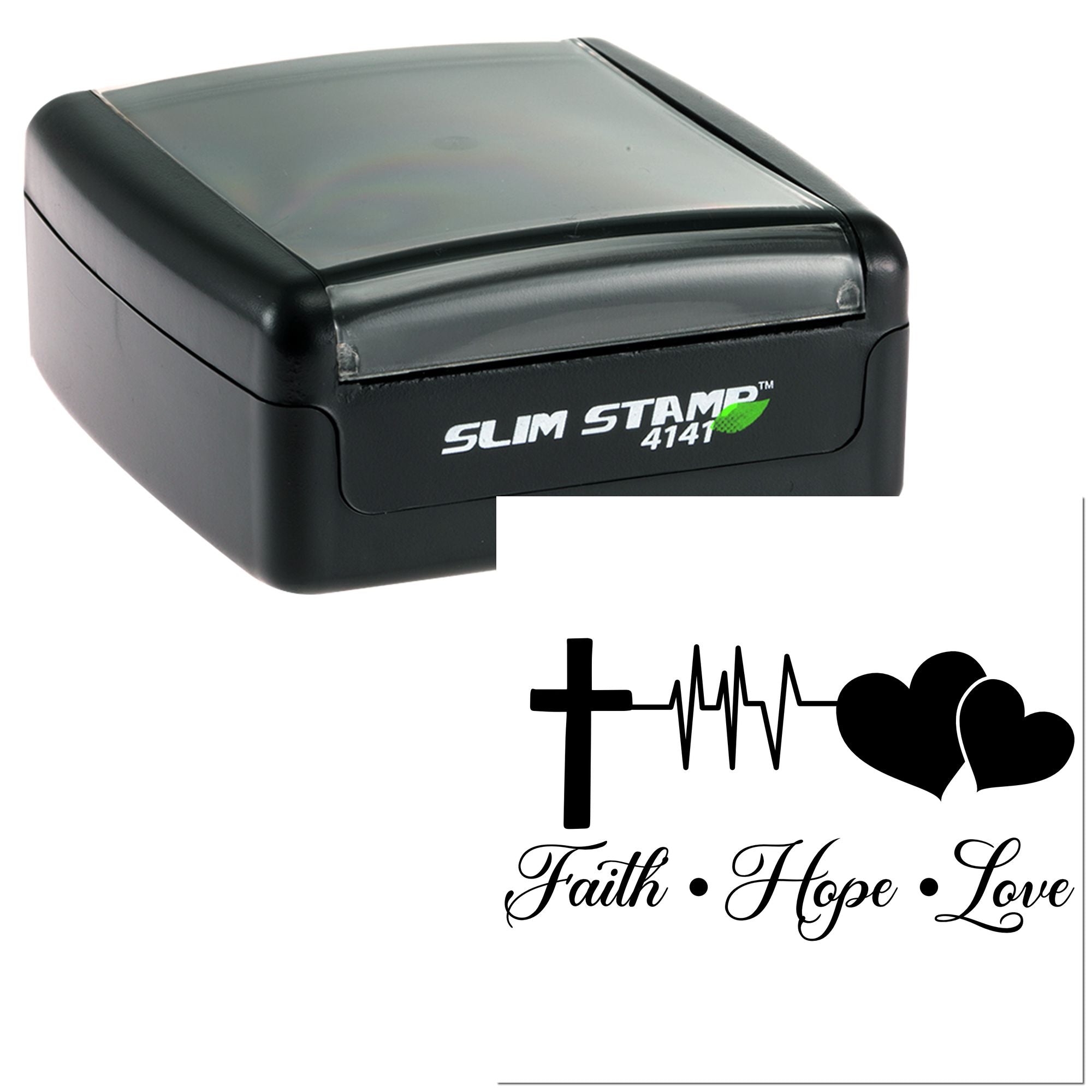 Slim Stamp 4141 self-inking rubber stamp featuring Faith Hope Love cross, heartbeat and hearts design for Christian crafts.