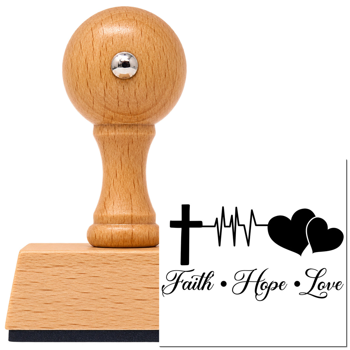 Faith Hope Love Double Heart With Cross Vintage Pro rubber stamp in European beech wood with a round knob handle, shown beside its black imprint.