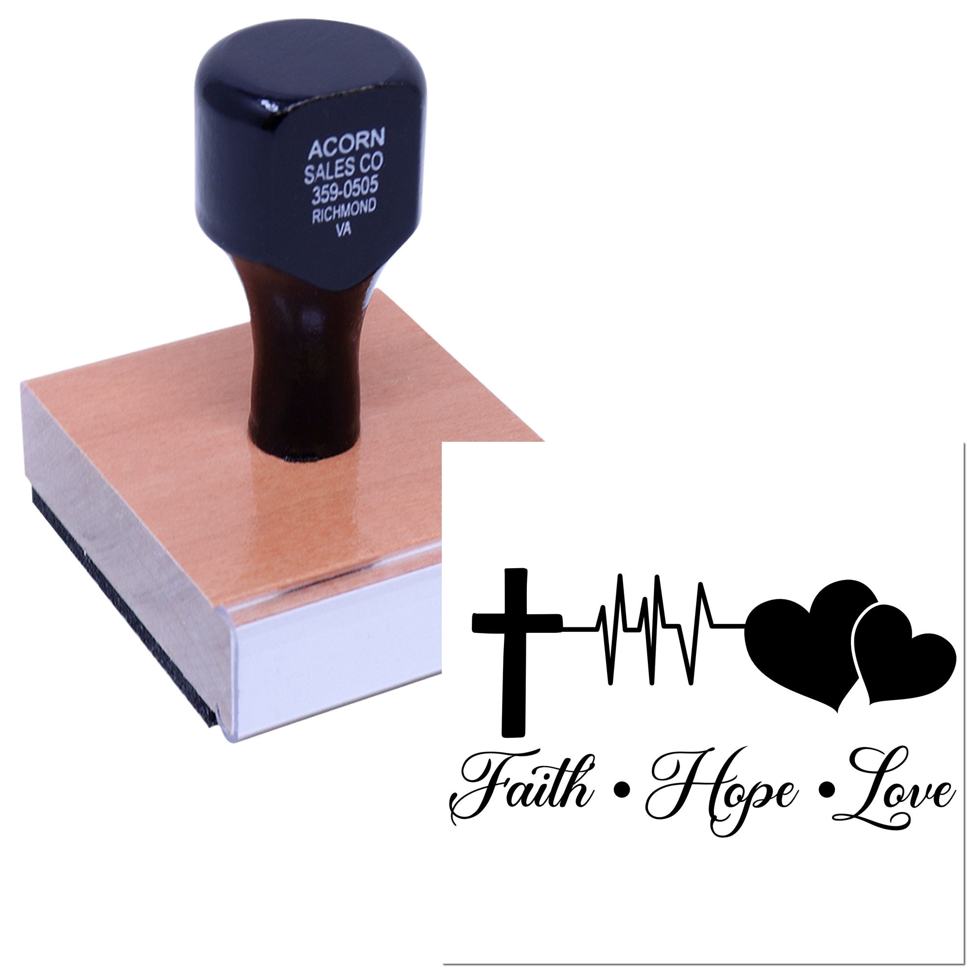 Custom wooden rubber stamp with Faith Hope Love Christian design, cross, heartbeat and hearts for inspirational crafts.